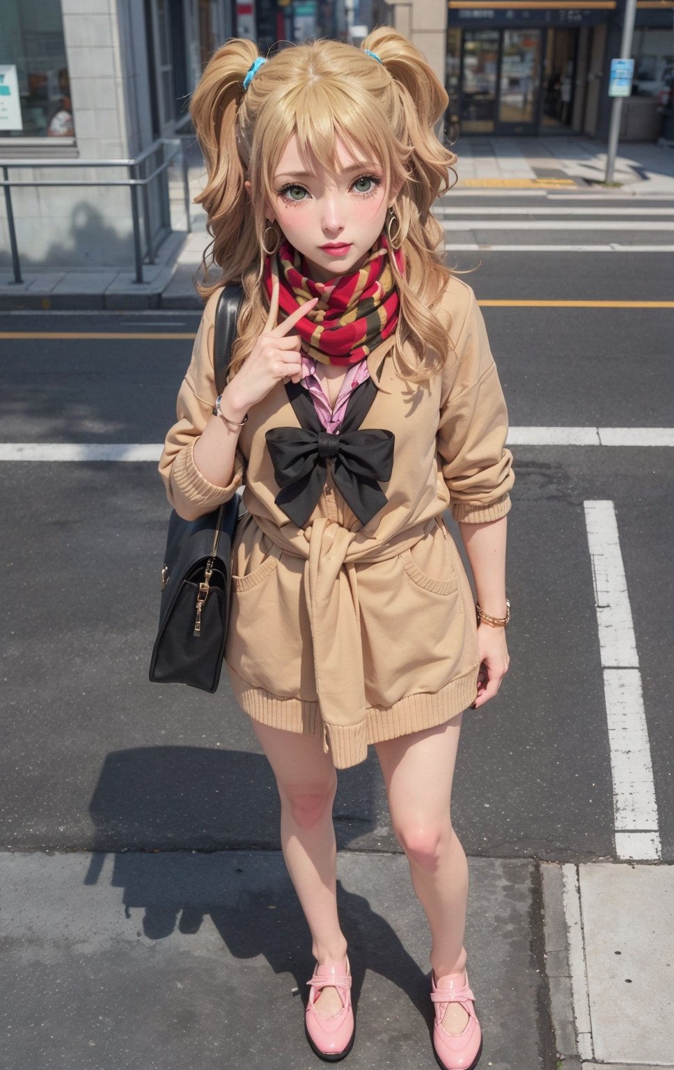 ((masterpiece, best quality)), (masterpiece:1.2), ultra detailed, best quality, , Aihara, gyaru,white uniform, scarf, bowtie, shops, street, blush, looking at viewer, cowboy_shot, full_body, index_finger_raised, 5_fignered,girl