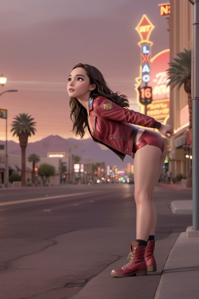 cartoon full body of a beautiful Gal Gadot 25 years old a wearing a red leather jacket whit out pants stand up in the street at sunset whit the city of Las Vegas as background in 4k,disney pixar style