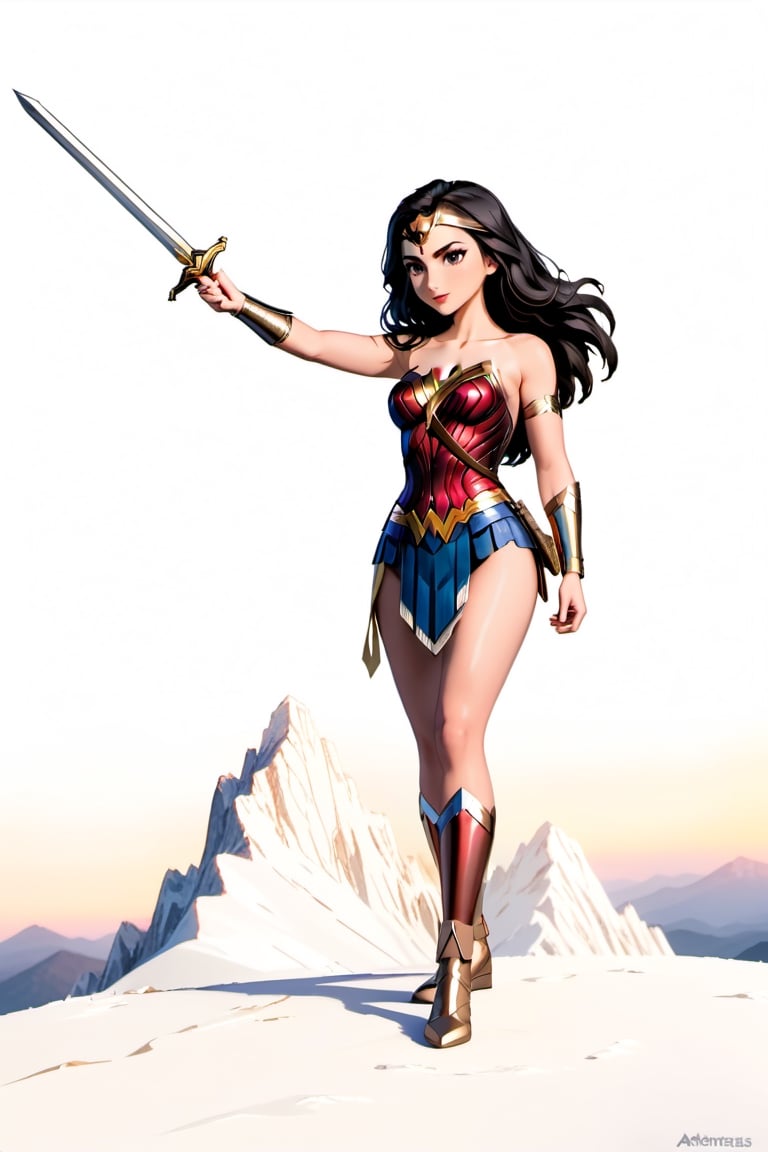 cartoon full body of a beautiful Gal Gadot 25 years old as wonder woman of DC  black hair, whit a sword in a hand wearing a custom of wonder woman stand up in a mountain at sunset whit Athenas as background in 4k,OHWX,better photography,OHWX WOMEN ,disney pixar style