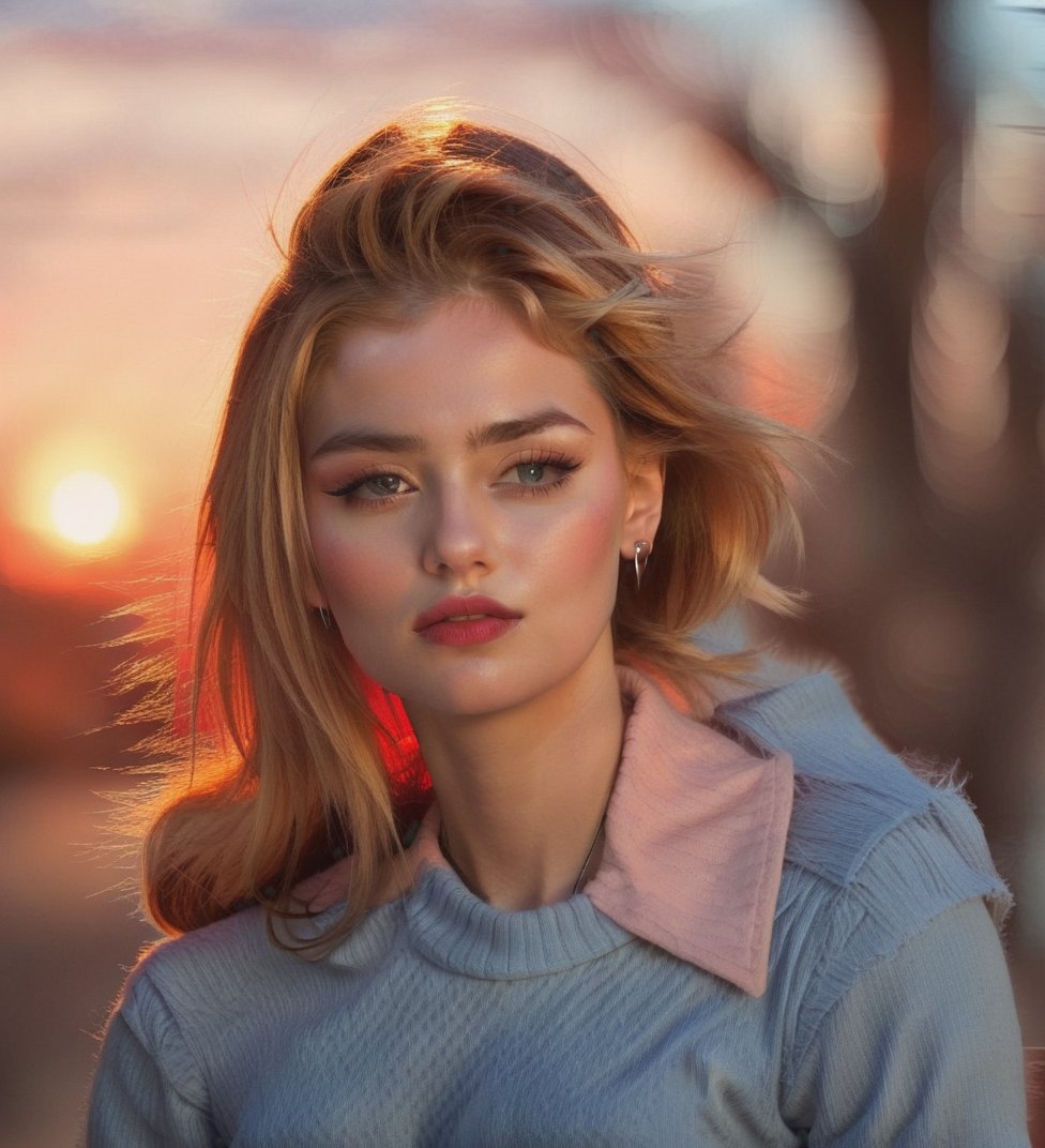 Capture a stunning portrait of a 25-year-old Caucasian girl with luscious brown hair and piercing brown eyes. Her bright r...
