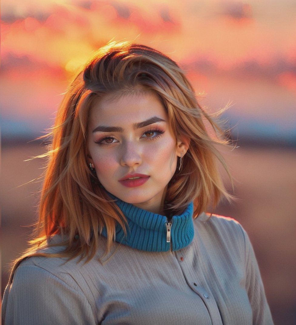 Capture a stunning portrait of a 25-year-old Caucasian girl with luscious brown hair and piercing brown eyes. Her bright r...