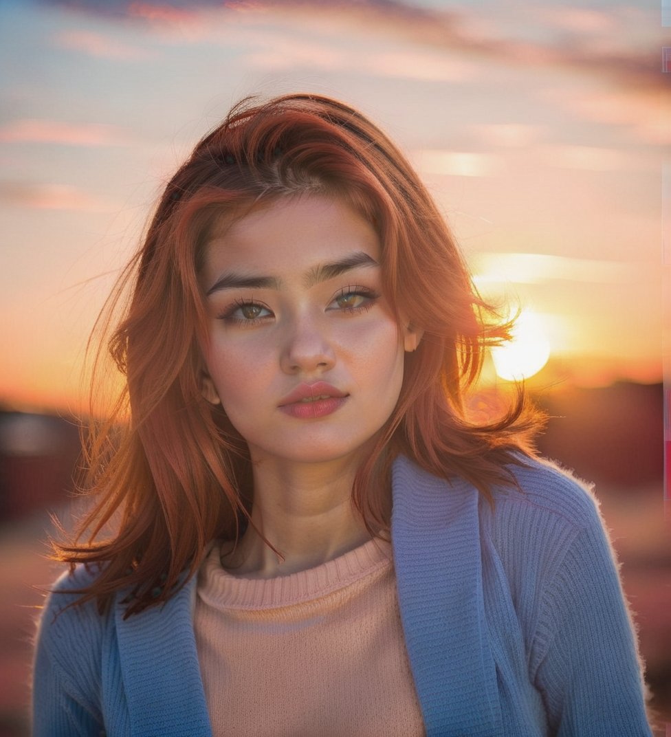 Capture a stunning portrait of a 25-year-old Caucasian girl with luscious brown hair and piercing brown eyes. Her bright r...