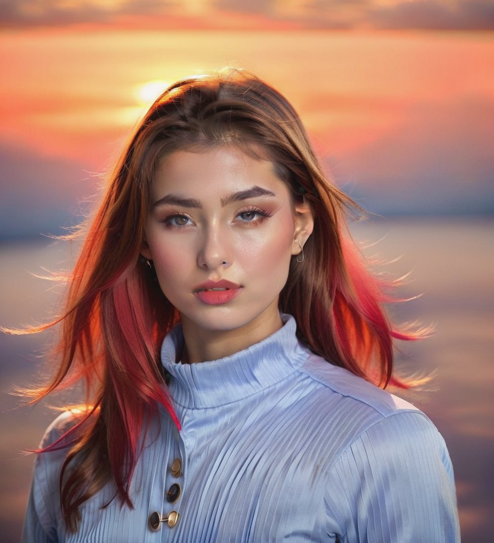 Capture a stunning portrait of a 25-year-old Caucasian girl with luscious brown hair and piercing brown eyes. Her bright r...