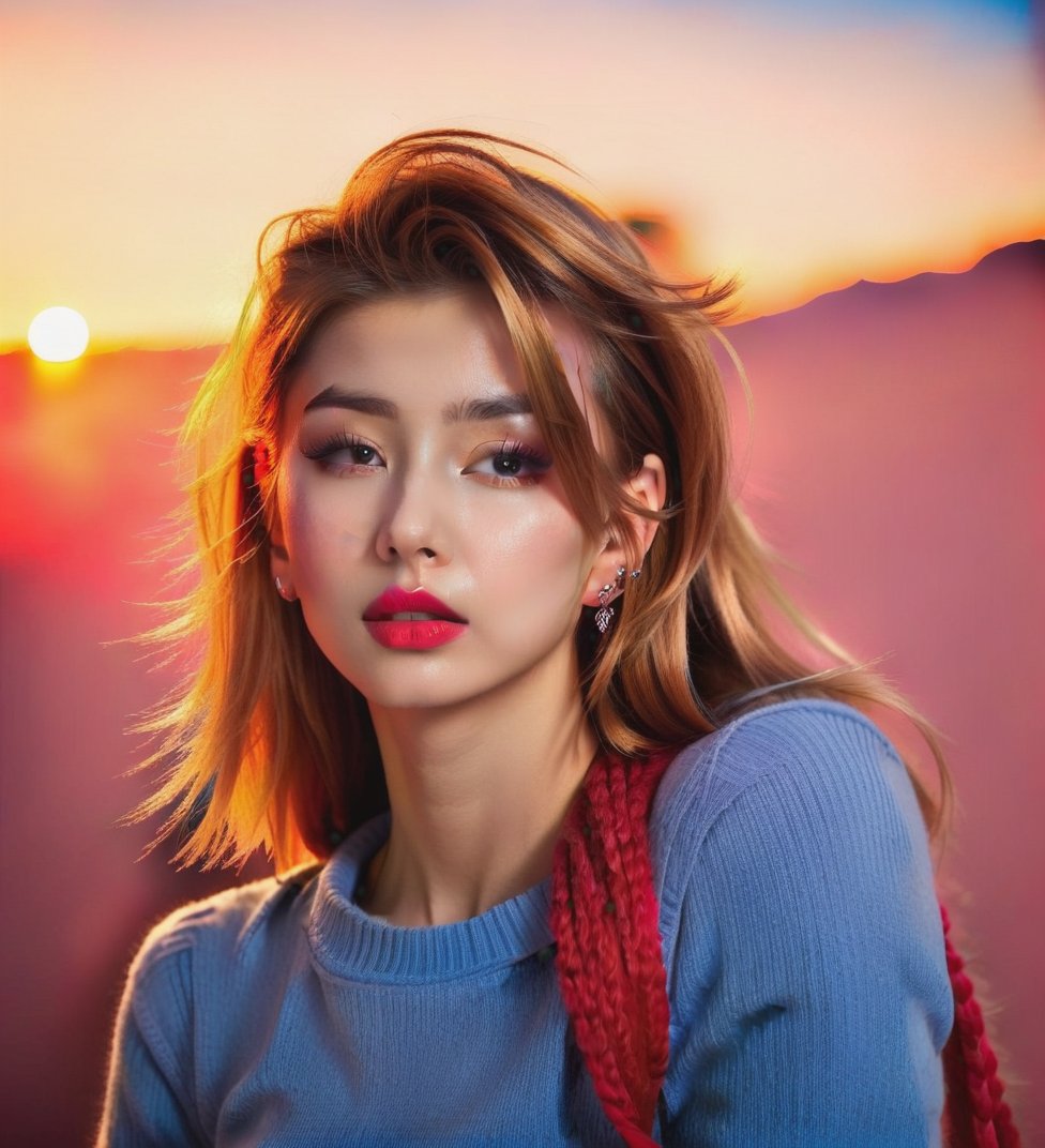 Capture a stunning portrait of a 25-year-old Caucasian girl with luscious brown hair and piercing brown eyes. Her bright r...