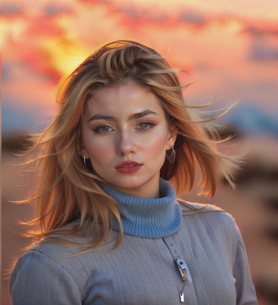 Capture a stunning portrait of a 25-year-old Caucasian girl with luscious brown hair and piercing brown eyes. Her bright r...