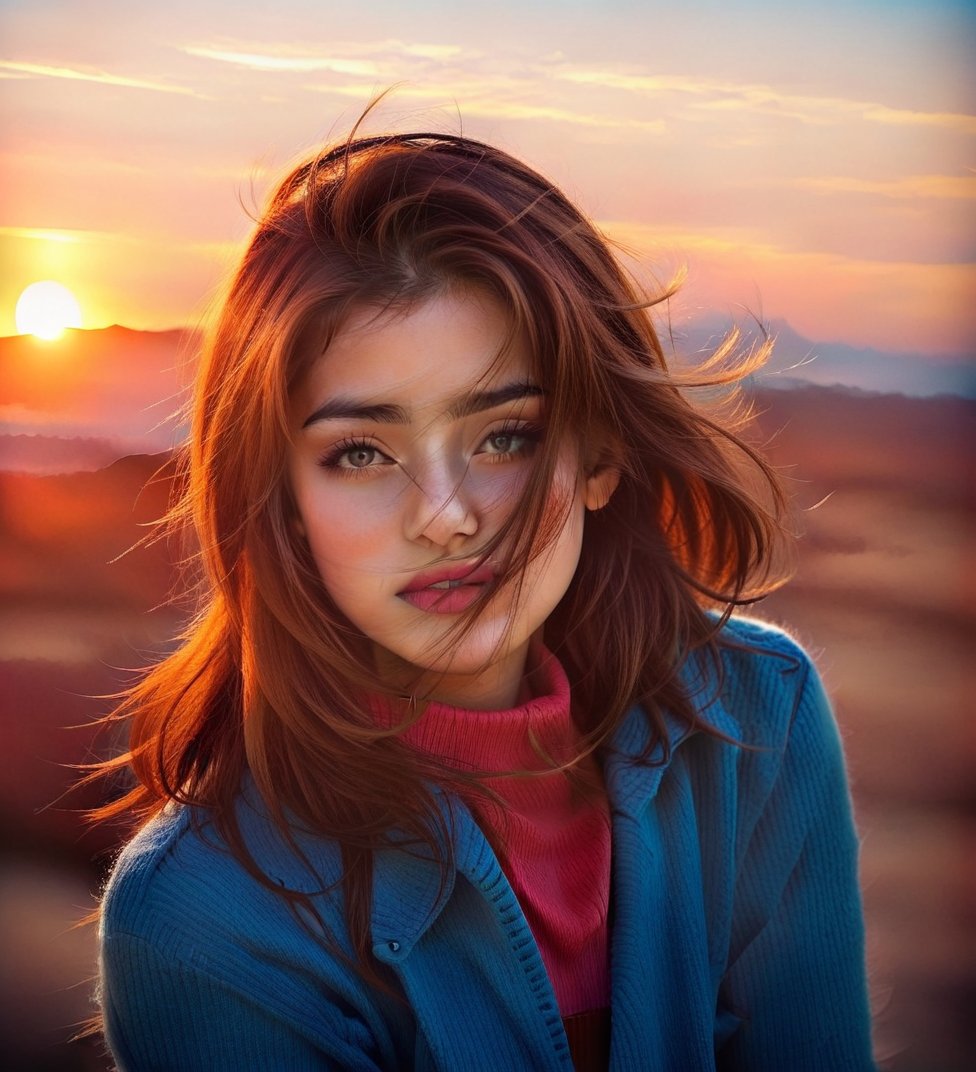 Capture a stunning portrait of a 25-year-old Caucasian girl with luscious brown hair and piercing brown eyes. Her bright r...