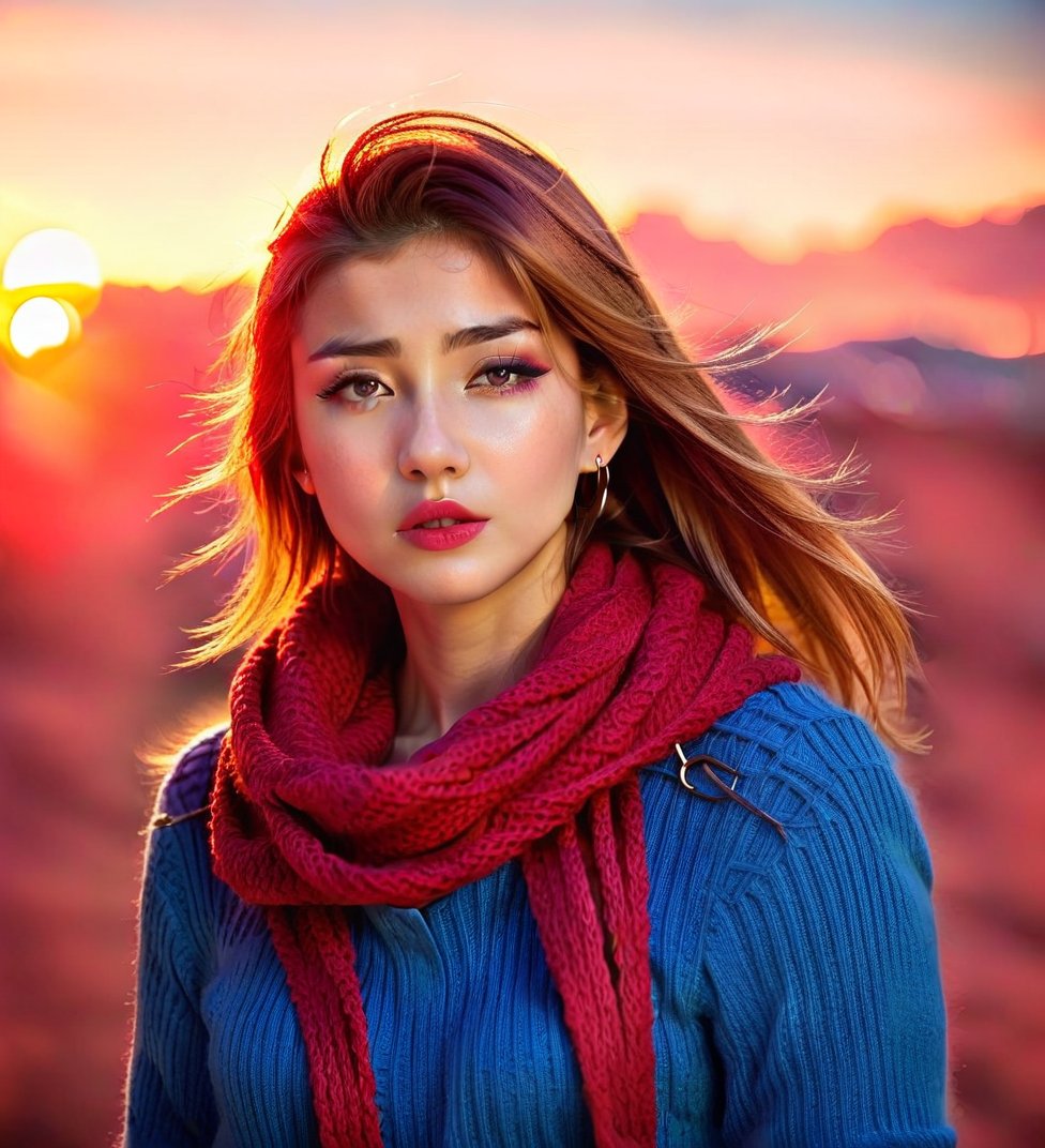 Capture a stunning portrait of a 25-year-old Caucasian girl with luscious brown hair and piercing brown eyes. Her bright r...