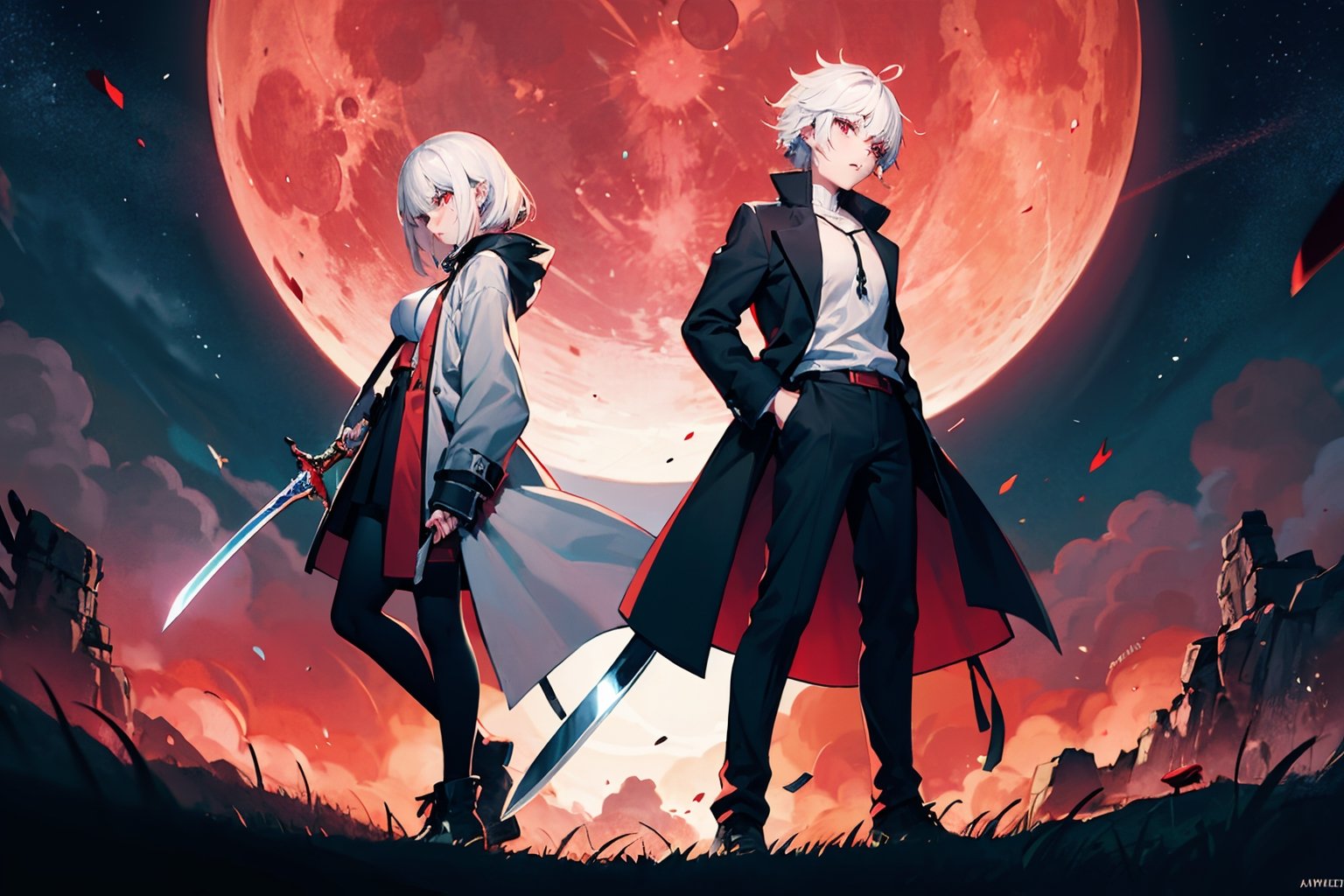 white_hair,red_eyes,teenage,Conceptual art of futuristic yin-yang swordsmen,,standing left and right,knife and sword,Red Moon, Crazy, Grey Coat, Night View,girl,large breast,