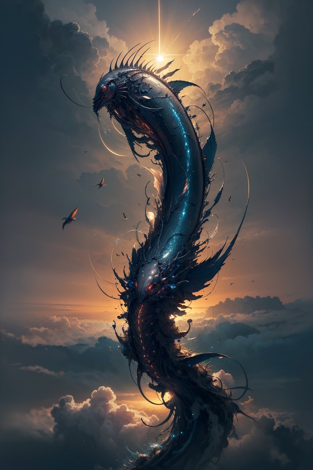 (((masterpiece))),(((best quality))),((ultra-detailed))((extremely detailed CG)),((8k_wallpaper)),((an extremely delicate and beautiful)),detailed floating huge mechanical devilfish through the clouds,on the sky,detailed cloud,science fiction,dynamics,sun,,,