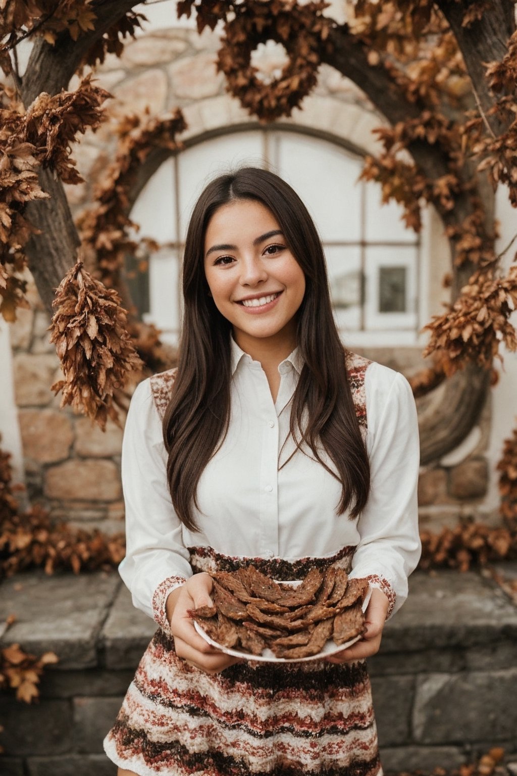 a mexican girl holding dried meat in her hand, smiling, beautiful, november outfit, dried meat, looking at side