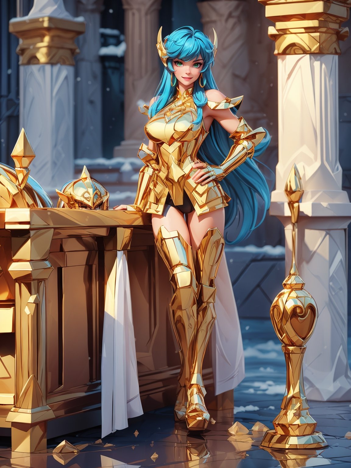 A woman, wearing gold armor, very tight and tight on the body, gigantic breasts, blue hair, short hair, straight hair, hair with bangs in front of the eyes, (helmet on the head), looking at the viewer, (((pose with interaction and leaning on [something|an object])), in an ancient temple with altars, pillars, lots of snow and ice, icy air, is night, ((full body):1.5), 16k, UHD, best possible quality, ultra detailed, best possible resolution, Unreal Engine 5, professional photography, well-detailed fingers, well-detailed hand, perfect_hands