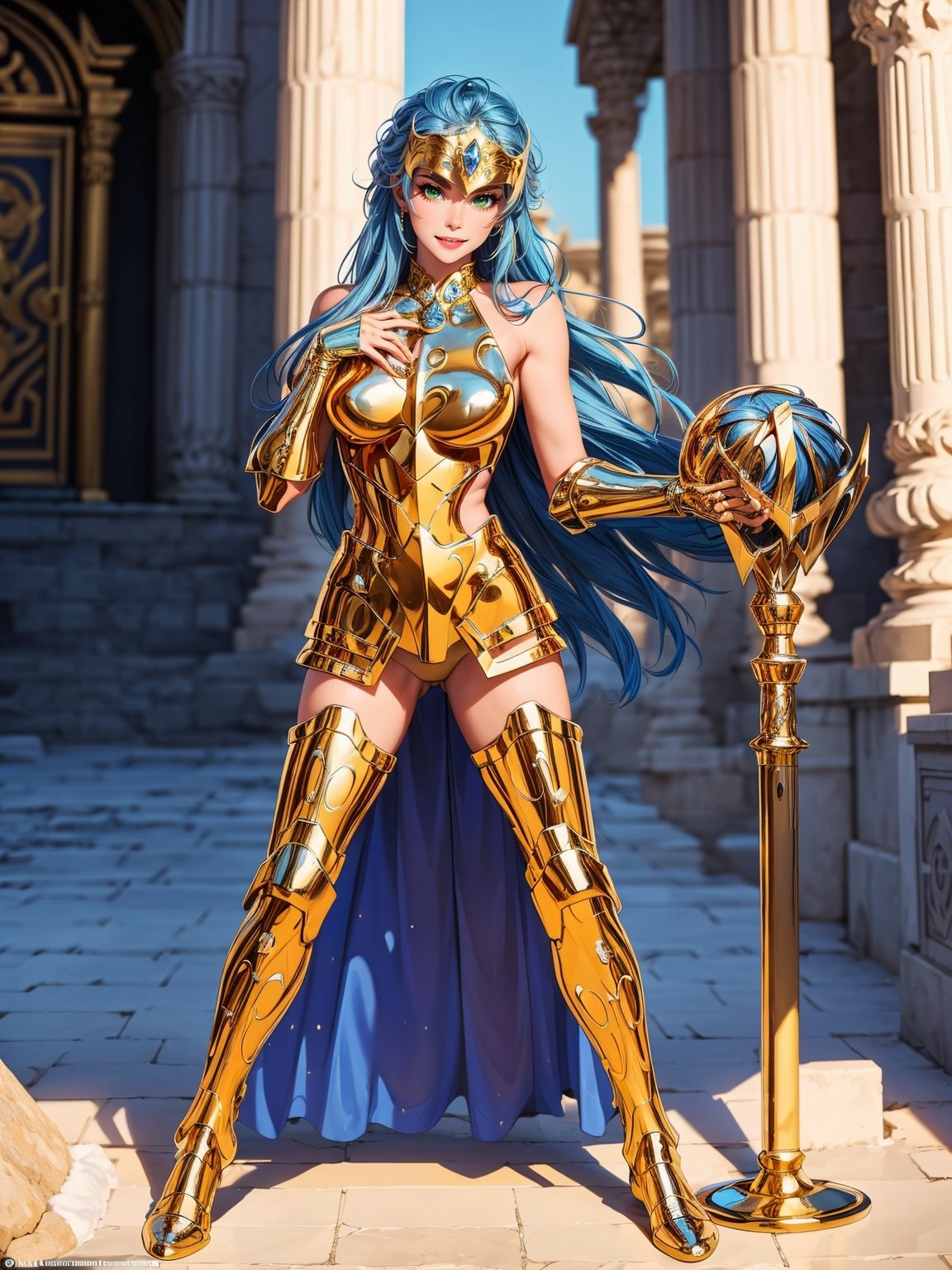 A woman, wearing gold armor, very tight and tight on the body, gigantic breasts, blue hair, short hair, straight hair, hair with bangs in front of the eyes, (helmet on the head), looking at the viewer, (((pose with interaction and leaning on [something|an object])), in an ancient temple with altars, pillars, lots of snow and ice, icy air, is night, ((full body):1.5), 16k, UHD, best possible quality, ultra detailed, best possible resolution, Unreal Engine 5, professional photography, well-detailed fingers, well-detailed hand, perfect_hands