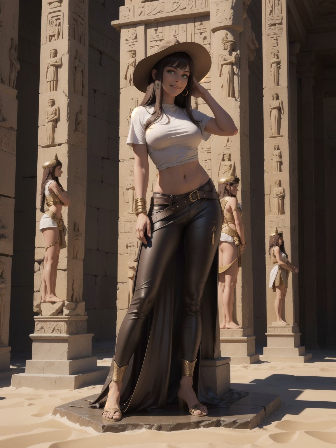 A woman, wearing a white T-shirt with a dark leather coat over her T-shirt, long brown leather pants, archaeologist's hat on her head, gigantic breasts, curly dark brown hair, bangs in front of her eyes, (((pose of erotic interacting and leaning on a large structure))), in an ancient Egyptian temple, large gold altars, Grid statuettes of ancient gods, large waterfall fixed to a statue, is daytime, desert full of sand, ((full body):1.5). 16k, UHD, best possible quality, best possible detail, best possible resolution, Unreal Engine 5, professional photography,