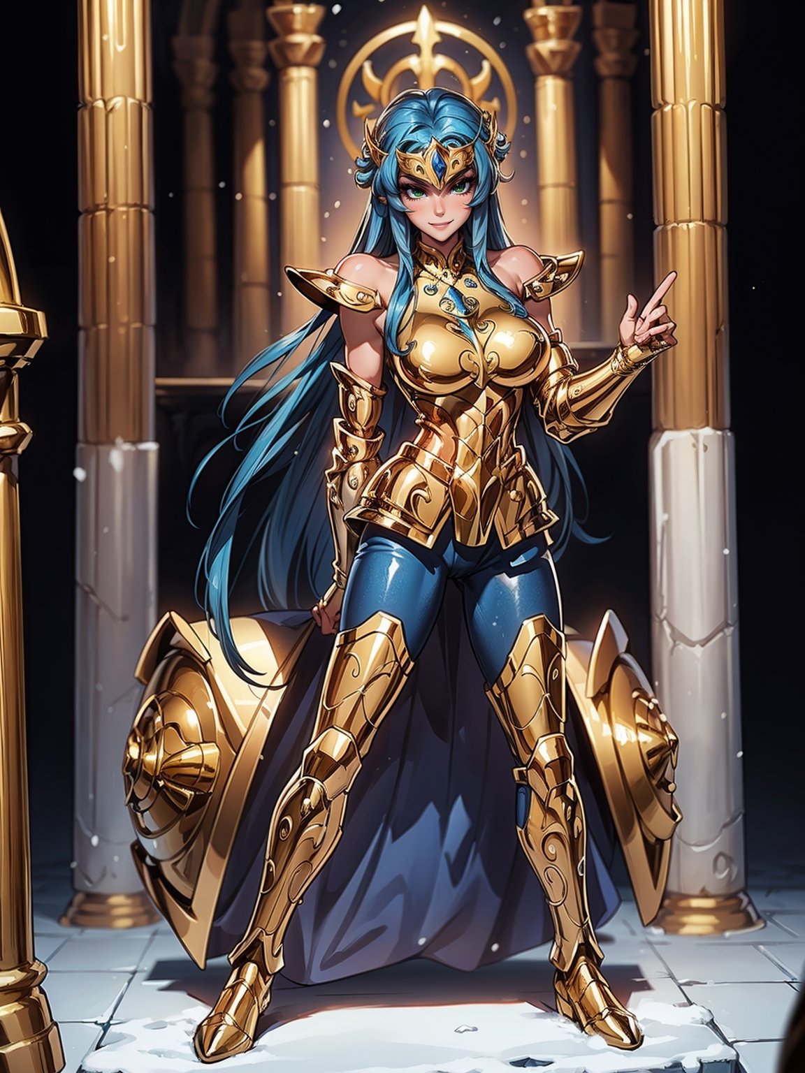 A woman, wearing gold armor, very tight and tight on the body, gigantic breasts, blue hair, short hair, straight hair, hair with bangs in front of the eyes, (helmet on the head), looking at the viewer, (((pose with interaction and leaning on [something|an object])), in an ancient temple with altars, pillars, lots of snow and ice, icy air, is night, ((full body):1.5), 16k, UHD, best possible quality, ultra detailed, best possible resolution, Unreal Engine 5, professional photography, well-detailed fingers, well-detailed hand, perfect_hands