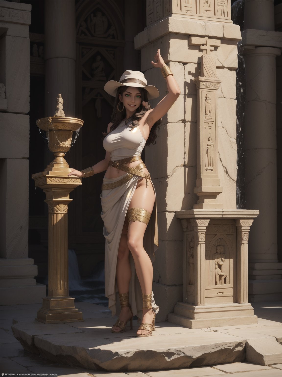 A woman, wearing a white T-shirt with a dark leather coat over her T-shirt, long brown leather pants, archaeologist's hat on her head, gigantic breasts, curly dark brown hair, bangs in front of her eyes, (((pose of erotic interacting and leaning on a large altar))), in an ancient Egyptian temple, large gold altars, Grid figurines of ancient gods,  ((large waterfall fixed to a statue)), is daytime, desert full of sand, ((full body):1.5). 16k, UHD, best possible quality, best possible detail, best possible resolution, Unreal Engine 5, professional photography,