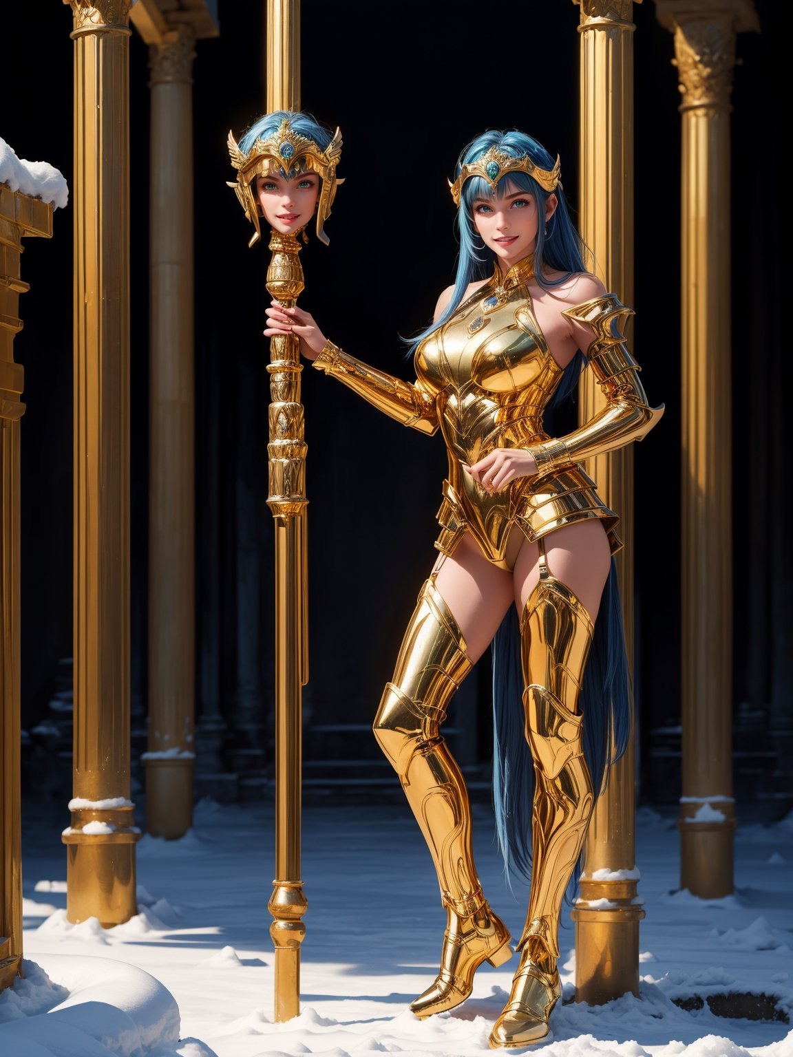 A woman, wearing gold armor, very tight and tight on the body, gigantic breasts, blue hair, short hair, straight hair, hair with bangs in front of the eyes, (helmet on the head), looking at the viewer, (((pose with interaction and leaning on [something|an object])), in an ancient temple with altars, pillars, lots of snow and ice, icy air, is night, ((full body):1.5), 16k, UHD, best possible quality, ultra detailed, best possible resolution, Unreal Engine 5, professional photography, well-detailed fingers, well-detailed hand, perfect_hands