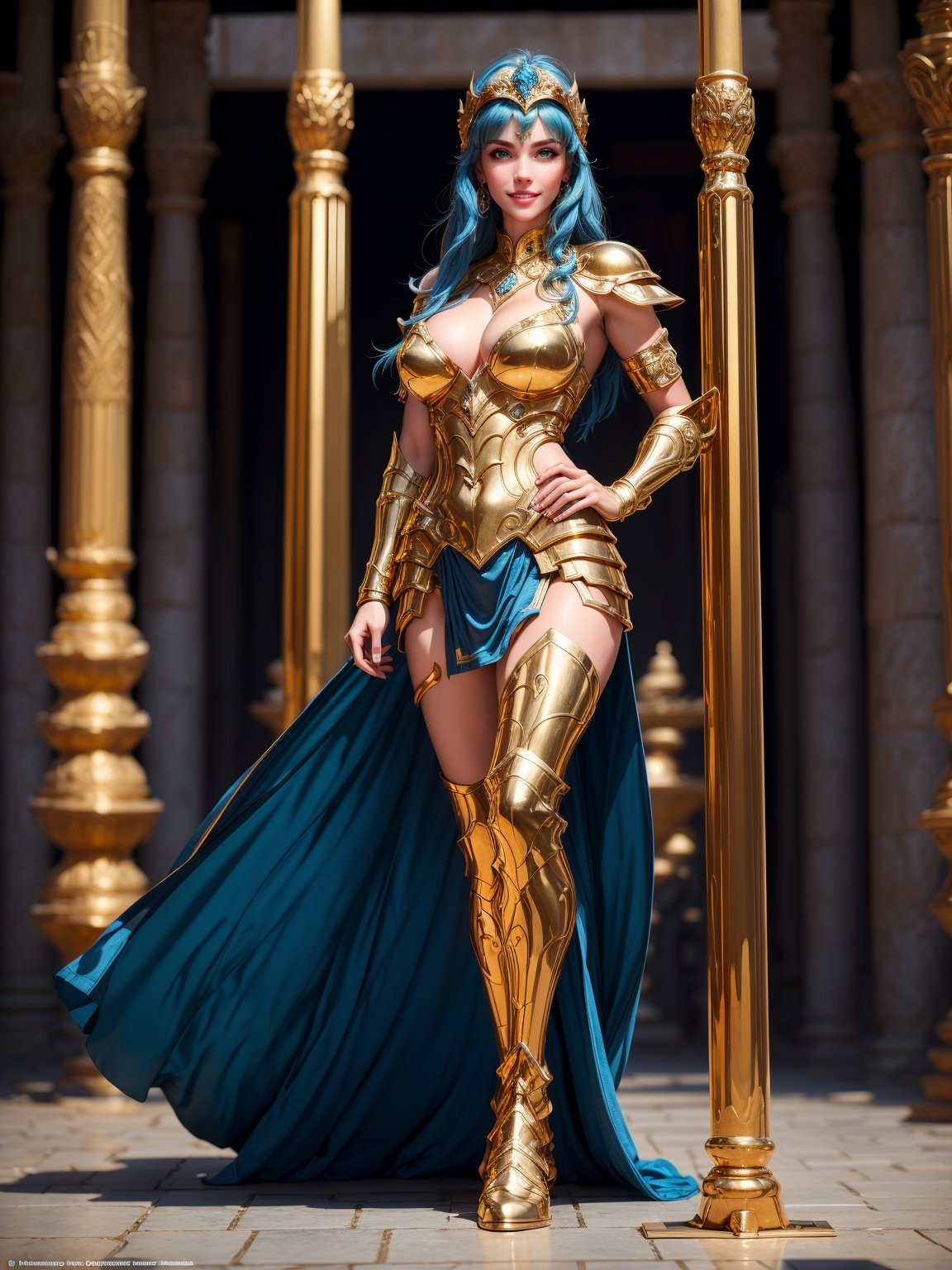 A woman, wearing gold armor, very tight and tight on the body, gigantic breasts, blue hair, short hair, straight hair, hair with bangs in front of the eyes, (helmet on the head), looking at the viewer, (((pose with interaction and leaning on [something|an object])), in an ancient temple with altars, pillars, lots of snow and ice, icy air, is night, ((full body):1.5), 16k, UHD, best possible quality, ultra detailed, best possible resolution, Unreal Engine 5, professional photography, well-detailed fingers, well-detailed hand, perfect_hands