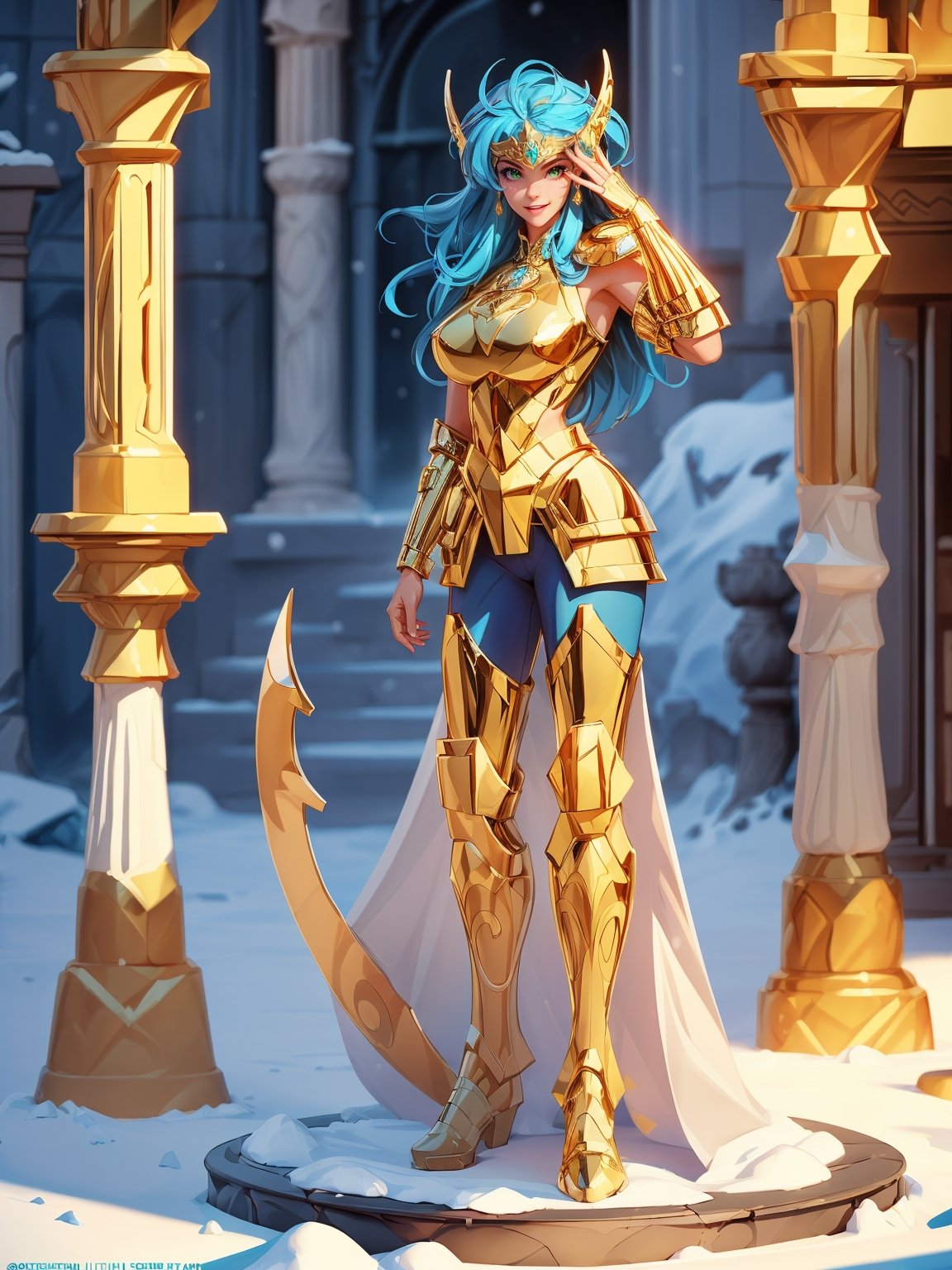 A woman, wearing gold armor, very tight and tight on the body, gigantic breasts, blue hair, short hair, straight hair, hair with bangs in front of the eyes, (helmet on the head), looking at the viewer, (((pose with interaction and leaning on [something|an object])), in an ancient temple with altars, pillars, lots of snow and ice, icy air, is night, ((full body):1.5), 16k, UHD, best possible quality, ultra detailed, best possible resolution, Unreal Engine 5, professional photography, well-detailed fingers, well-detailed hand, perfect_hands