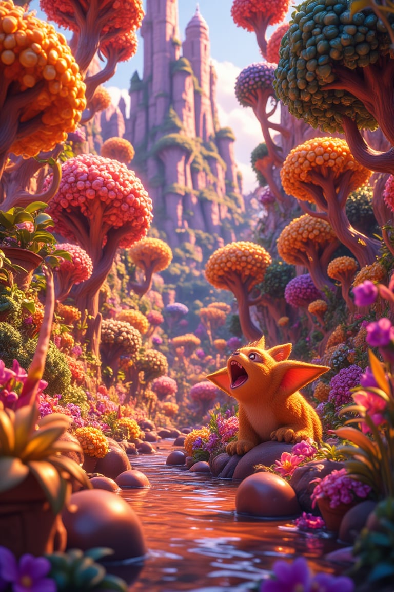 A whimsical scene unfolds as a giant lollipop forest towers above the landscape, its vibrant hues drawing in the eye. A meandering river of rich, dark chocolate flows lazily through the center, reflecting the sugary sunshine overhead. Gumdrop creatures frolic playfully, their waxy bodies glistening with dew, amidst a tapestry of colorful sweets and treats.