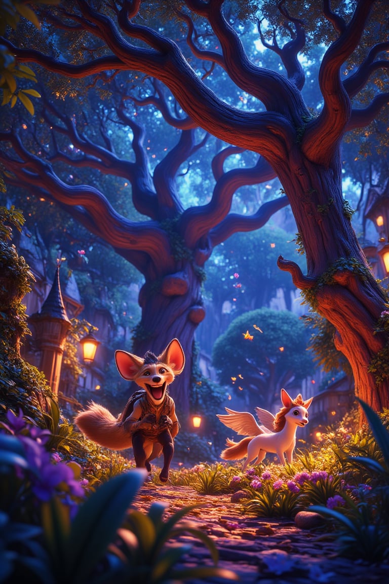 Panoramic shot of an enchanted forest at dusk, with towering trees aglow from within, their bioluminescent bark emitting a soft, ethereal light. Mythical creatures, rendered in whimsical animation, frolic amidst the glowing foliage: a fox with iridescent fur sprints alongside a winged unicorn, as fireflies dance around them, lighting the way.