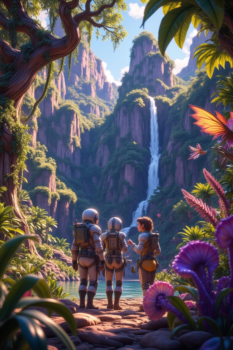 a team of astronauts in sleek silver suits disembark amidst the rustling leaves. Captain Jaxson points to a (((glowing fungal forest))), while Dr. Luna examines an (((iridescent winged creature perched on a twisted tree trunk))). Beyond them, a gravity-defying waterfall cascades into a shimmering pool, surrounded by towering, tentacle-like plants that sway in the gentle breeze. As the team ventures deeper, strange creatures with ethereal wings and bioluminescent markings flit about their heads, while a distant, thunderous roar echoes through the jungle's heart, hinting at an ancient, slumbering giant.