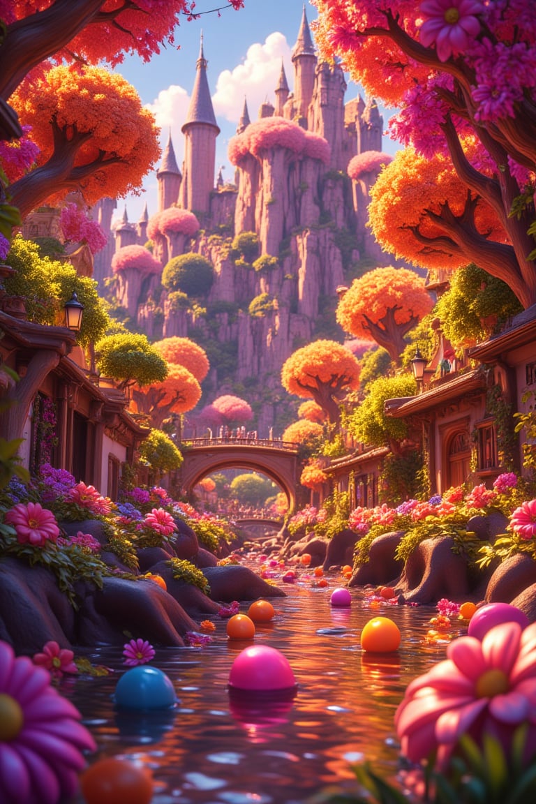 A whimsical scene unfolds as a giant lollipop forest towers above the landscape, its vibrant hues drawing in the eye. A meandering river of rich, dark chocolate flows lazily through the center, reflecting the sugary sunshine overhead. Gumdrop creatures frolic playfully, their waxy bodies glistening with dew, amidst a tapestry of colorful sweets and treats.