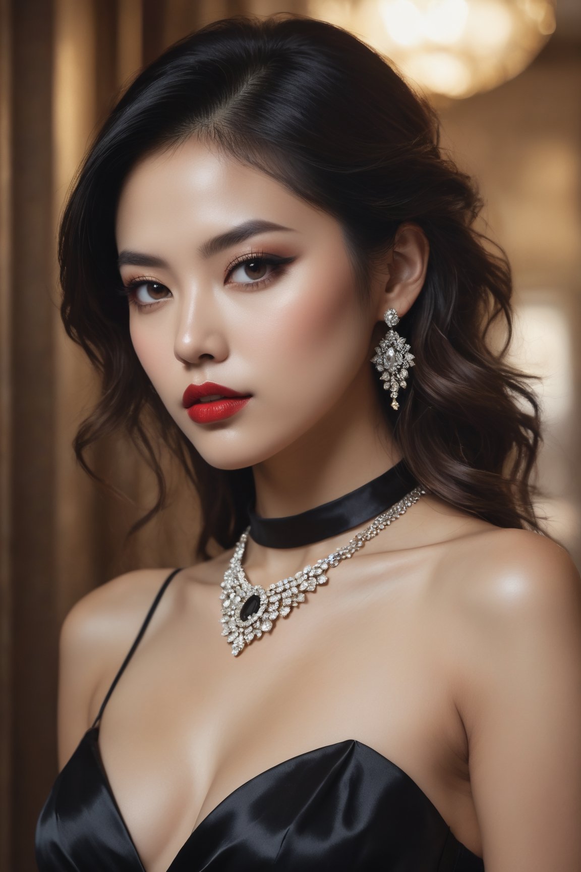 raw realistic cinematic potrait of raw realistic cinematic potarait of beautiful  rich sophisticated Asian girl in black silk cocktail dress , simple diamond choker,,black Long hair,beautiful  brown  eyes, sophisticated woman,beautiful perfect oval  face, plump lips,red lipstick,rich , long silky voluminous black hair,perfect anatomy, seductive,rich Manor hallway golen white marble background,,background,beautiful perfect face, perfect body,, perfect beautiful face grainy cinematic, godlyphoto r3al, detailmaster2, aesthetic portrait, cinematic colors, earthy, moody seductive,extremely beautiful perfect anatomy, by Alexander Kanoldt, Artstation, cinematic  portrait, (beautiful) girl, big cheekbones,  painting of sexy, doodle, diego dayer, with round face, realistic - n 9, artist unknown, ann stokes, cute adorable, sharpie, cinemtic look, grainy cinematic, fantasy vibes godlyphoto r3al, detailmaster2, aesthetic portrait, cinematic colors, earthy, moodygrainy cinematic, godlyphoto r3al, detailmaster2, aesthetic portrait, cinematic colors, earthy, moody ,more detail XL