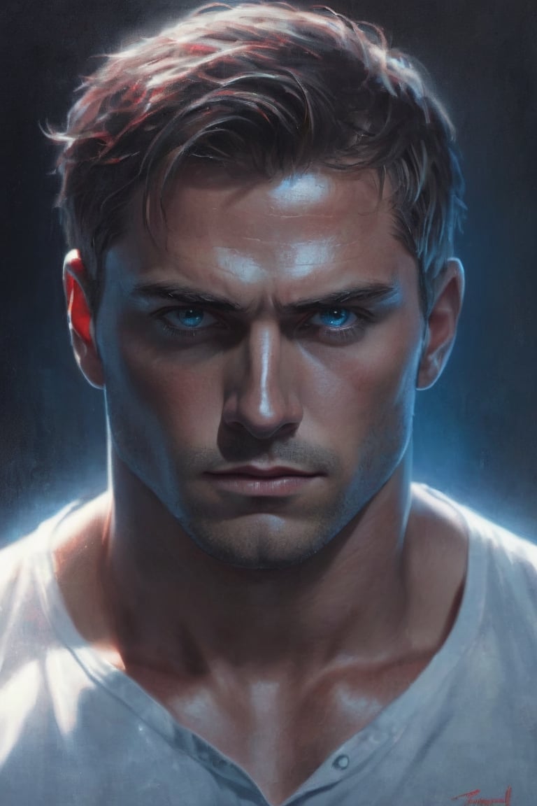 raw realistic cinematic potrait  oil painting of of blue man ,red eyes, blueish Grey skin, muscular, wearing white shirt, supernatural human, detailed handsome face, dark blonde hair,red eyes,grainy cinematic, godlyphoto r3al, detailmaster2, aesthetic portrait, cinematic colors, earthy, moody