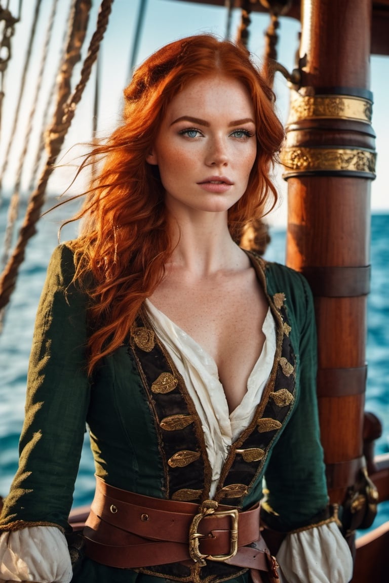 create a full body portrait of abeautiful redhead pirate woman , ((hazel green eyes)) fade freckles , she's on a ship , wearing pirate attire, pirate woman detailed,photo r3al,Movie Still,Film Still,Cinematic,Qftan,aesthetic portrait,sexy,  perfect body 