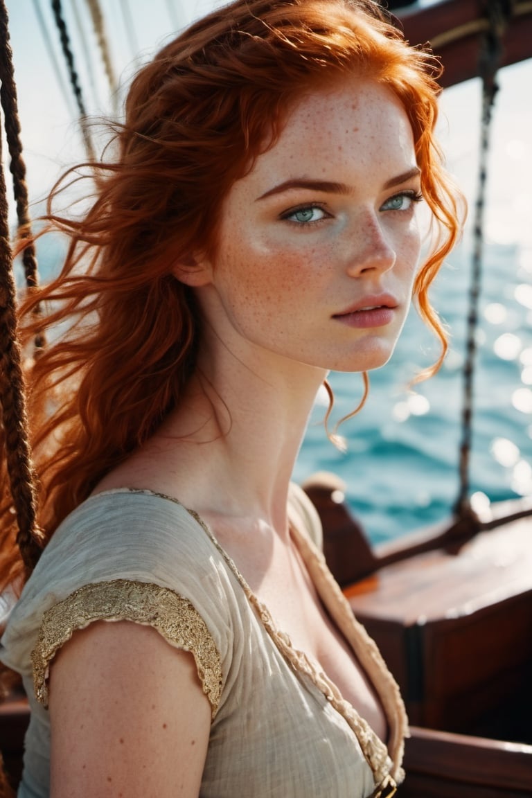 a beautiful redhead pirate woman , hazel green eyes, fade freckles , she's on a ship detailed,photo r3al,Movie Still,Film Still,Cinematic,Qftan,aesthetic portrait,sexy,  perfect body 