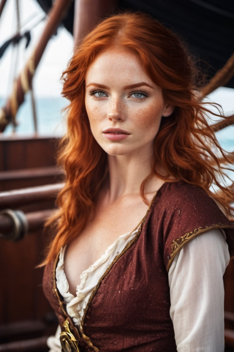 create a full body portrait of abeautiful redhead pirate woman , ((hazel green eyes)) fade freckles , she's on a ship , wearing pirate attire, pirate woman detailed,photo r3al,Movie Still,Film Still,Cinematic,Qftan,aesthetic portrait,sexy,  perfect body 