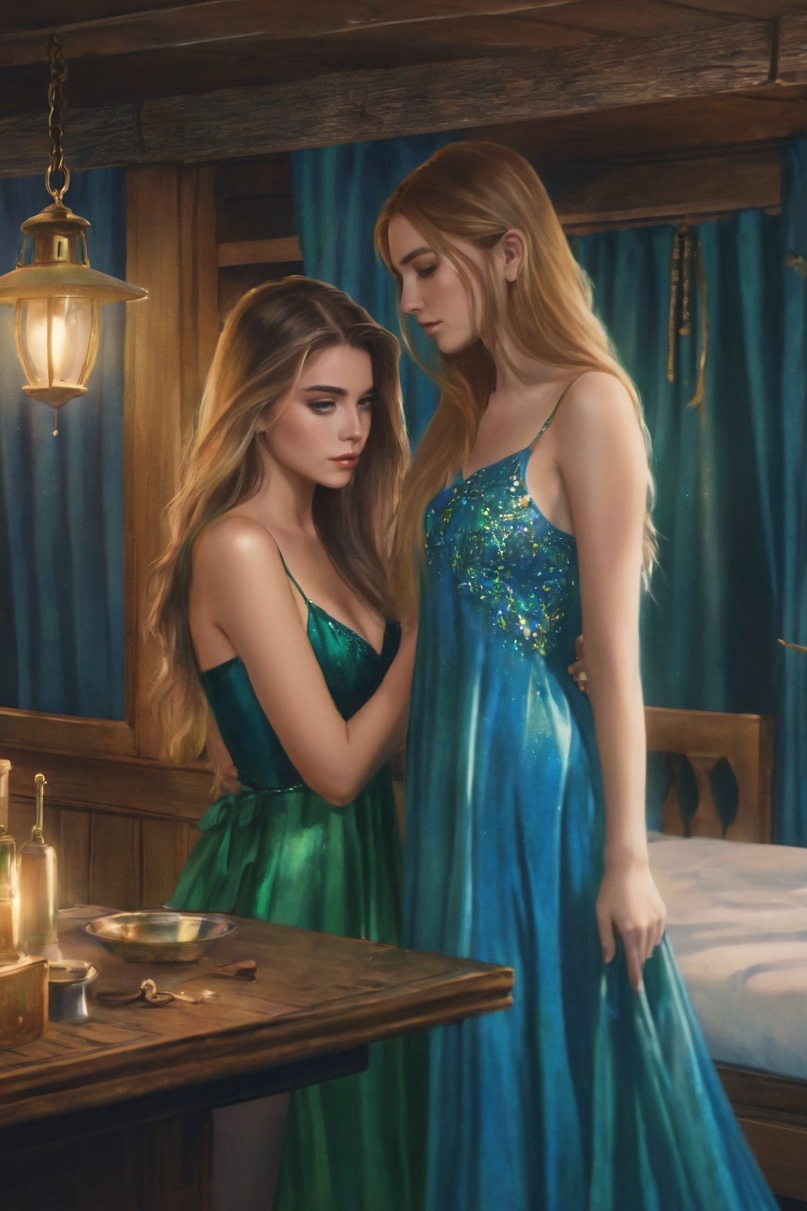 raw realistic cinematic potrait of two beautiful girl, with long golden hair,, best friend applying eyeshadow on her eyes,, beautiful face, perfect anatomy detailed face, beautiful perfect body,one hand around her, wearing,one girl is wearing blue shimmery fantasy gown, and one girl is wearing green gown,((((cottaroom background))) cottage bar,grainy cinematic, godlyphoto r3al, detailmaster2, aesthetic portrait, cinematic colors, earthy, moody