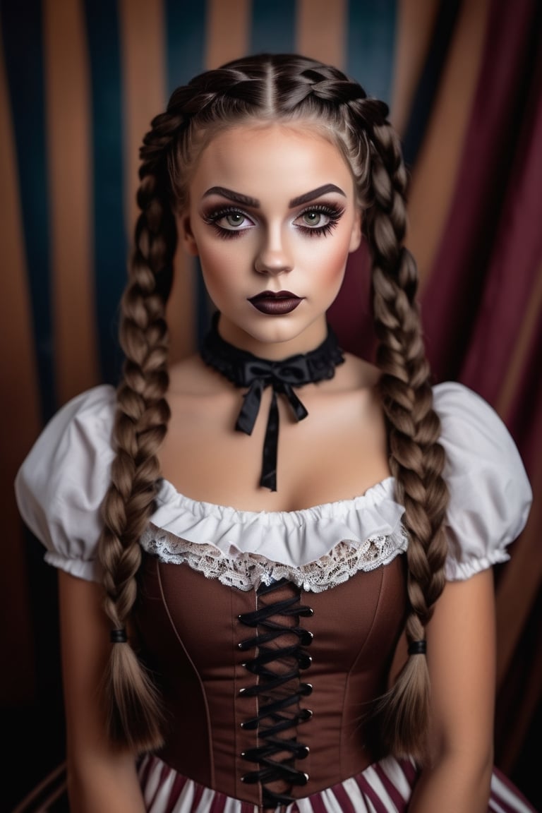 photography, a beautiful young woman, brown eyes,wearing a doll dress,dark brown braided braids, , wearing broken doll makeup, inocent eyes, beautiful and horror circus doll ,, carnival backdrop 