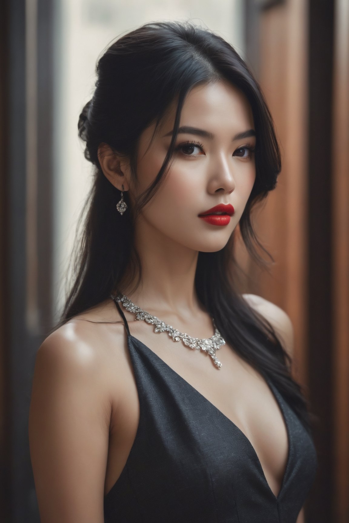 raw realistic cinematic potrait of raw realistic cinematic potarait of beautiful  rich sophisticated Asian girl chenel Tweed dress , simple diamond necklace black Long hair,beautiful  brown  eyes, sophisticated woman,beautiful perfect oval  face, plump lips,red lipstick,rich , long silky voluminous black hair,perfect anatomy, seductive,rich Manor hallway golen white marble background,,background,beautiful perfect face, perfect body,, perfect beautiful face grainy cinematic, godlyphoto r3al, detailmaster2, aesthetic portrait, cinematic colors, earthy, moody seductive,extremely beautiful perfect anatomy, by Alexander Kanoldt, Artstation, cinematic  portrait, (beautiful) girl, big cheekbones,  painting of sexy, doodle, diego dayer, with round face, realistic - n 9, artist unknown, ann stokes, cute adorable, sharpie, cinemtic look, grainy cinematic, fantasy vibes godlyphoto r3al, detailmaster2, aesthetic portrait, cinematic colors, earthy, moodygrainy cinematic, godlyphoto r3al, detailmaster2, aesthetic portrait, cinematic colors, earthy, moody ,more detail XL