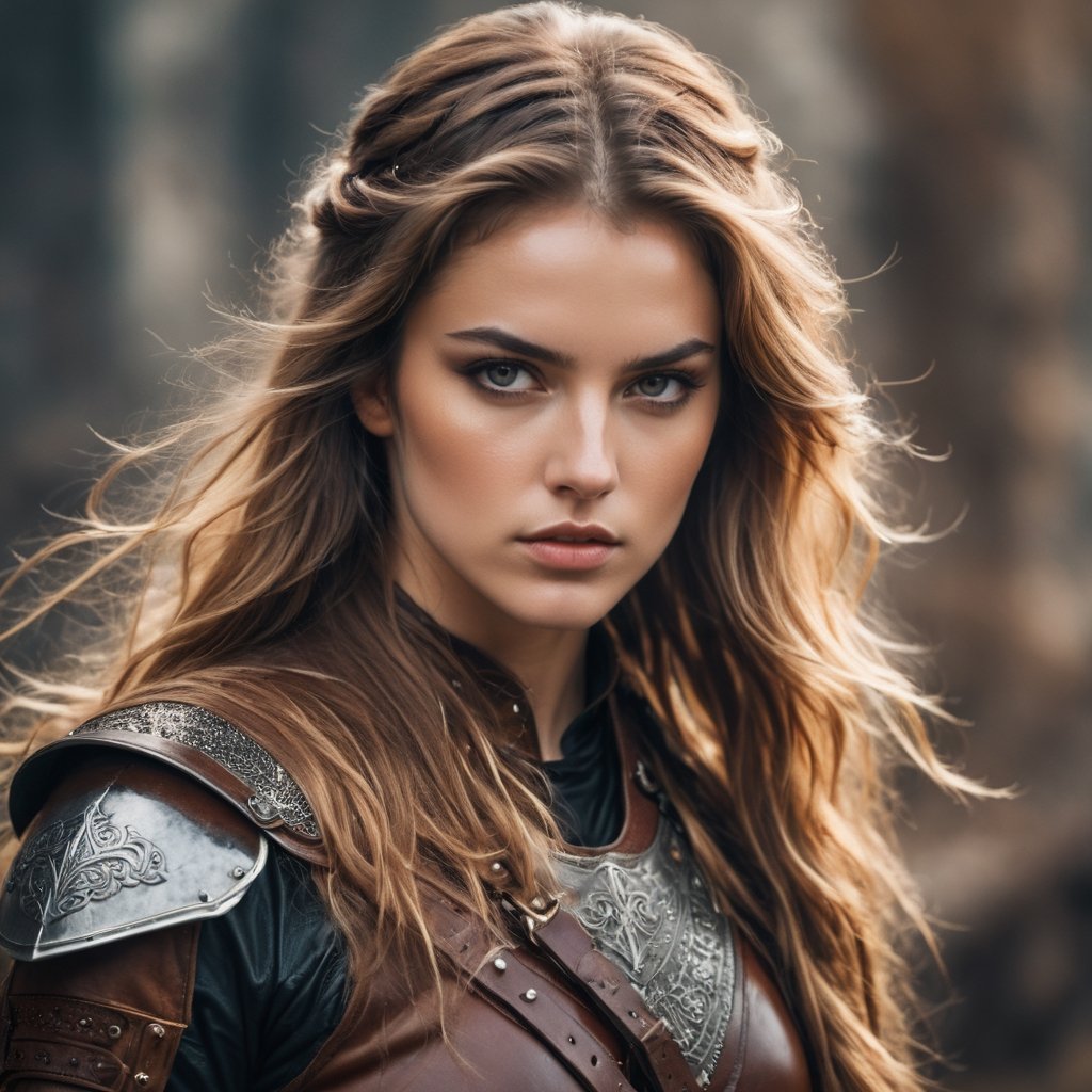 Medieval . beautiful warrior girl in leather fighting clothes. beautiful faces , grey eyes,, long golden brown long wavy hair wearing warrior leathers  in background +(beautiful face)grainy cinematic,  godlyphoto r3al,detailmaster2,aesthetic portrait, cinematic colors, earthy , moody,  