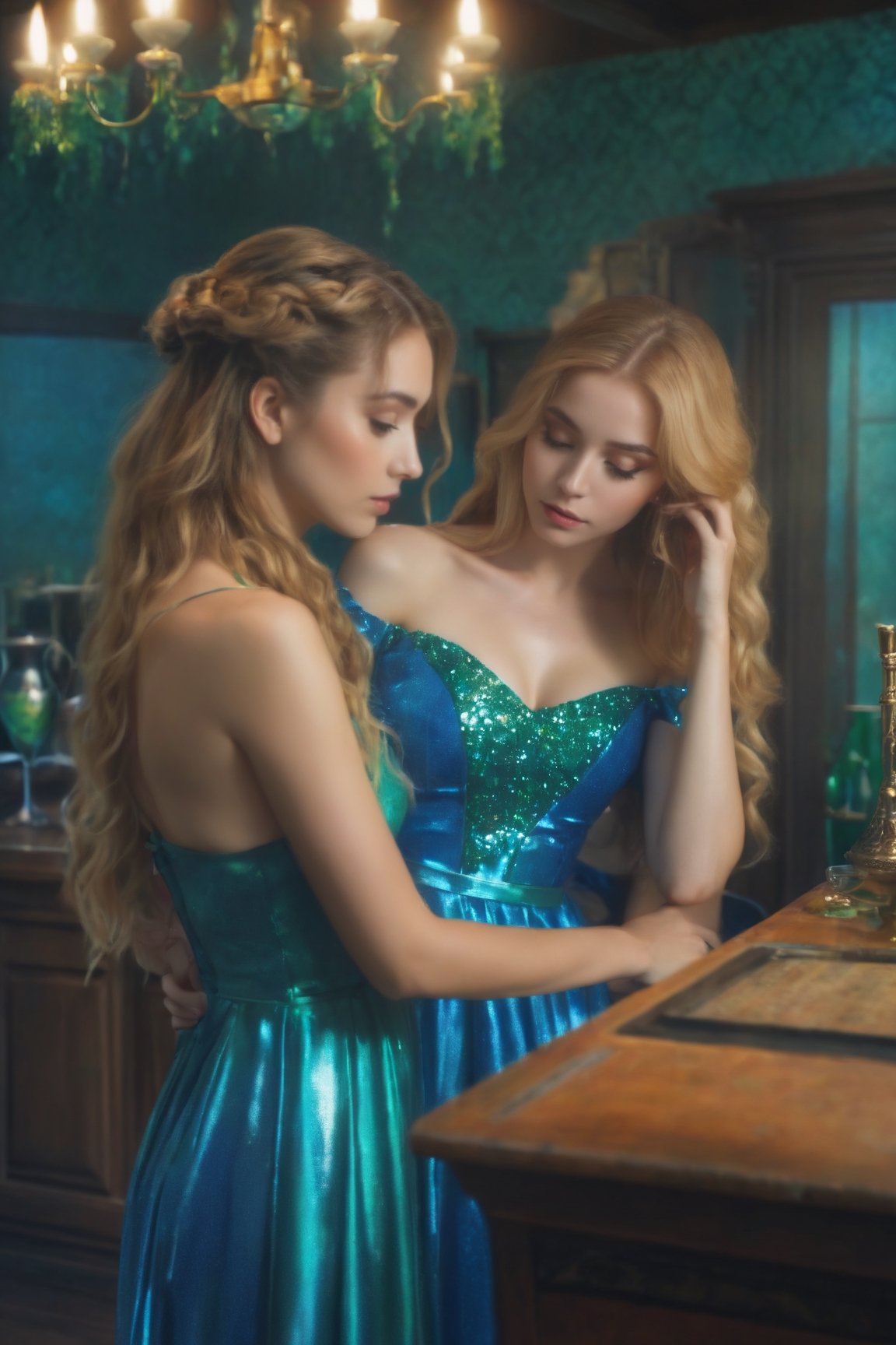 raw realistic cinematic potrait of two beautiful girl, with long golden hair,, best friend applying eyeshadow on her eyes,, beautiful face, perfect anatomy detailed face, beautiful perfect body,one hand around her, wearing,one girl is wearing blue shimmery fantasy gown, and one girl is wearing green gown,((((cottaroom background))) cottage bar,grainy cinematic, godlyphoto r3al, detailmaster2, aesthetic portrait, cinematic colors, earthy, moody