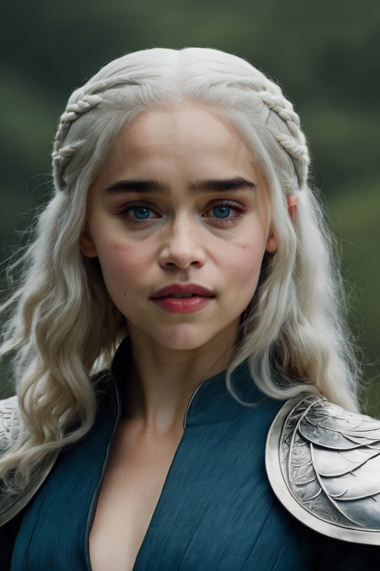 dragon, big wings, big head, big teeth, red eyes,  Emilia Clarke 25-year-old woman with long white hair, blue eyes,inst4 style