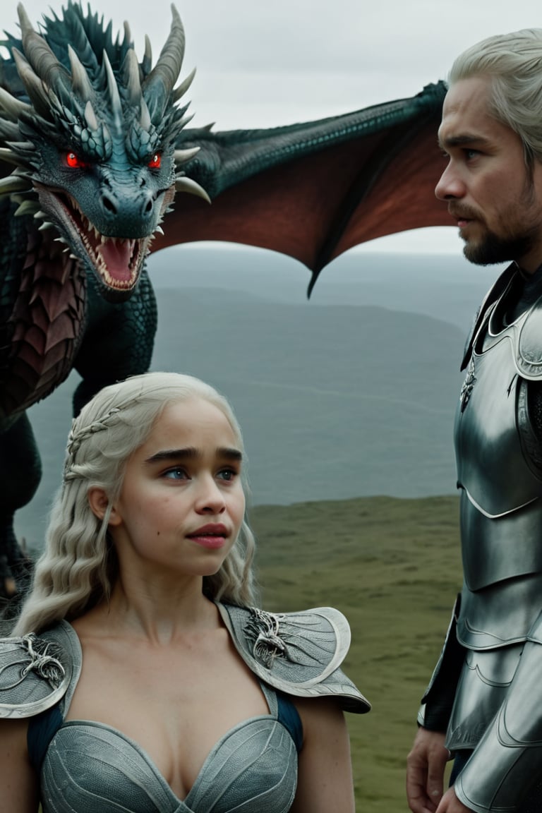 dragon, big wings, big head, big teeth, red eyes, a beautiful blond woman standing next to him, Emilia Clarke 25-year-old woman with long white hair, blue eyes,inst4 style