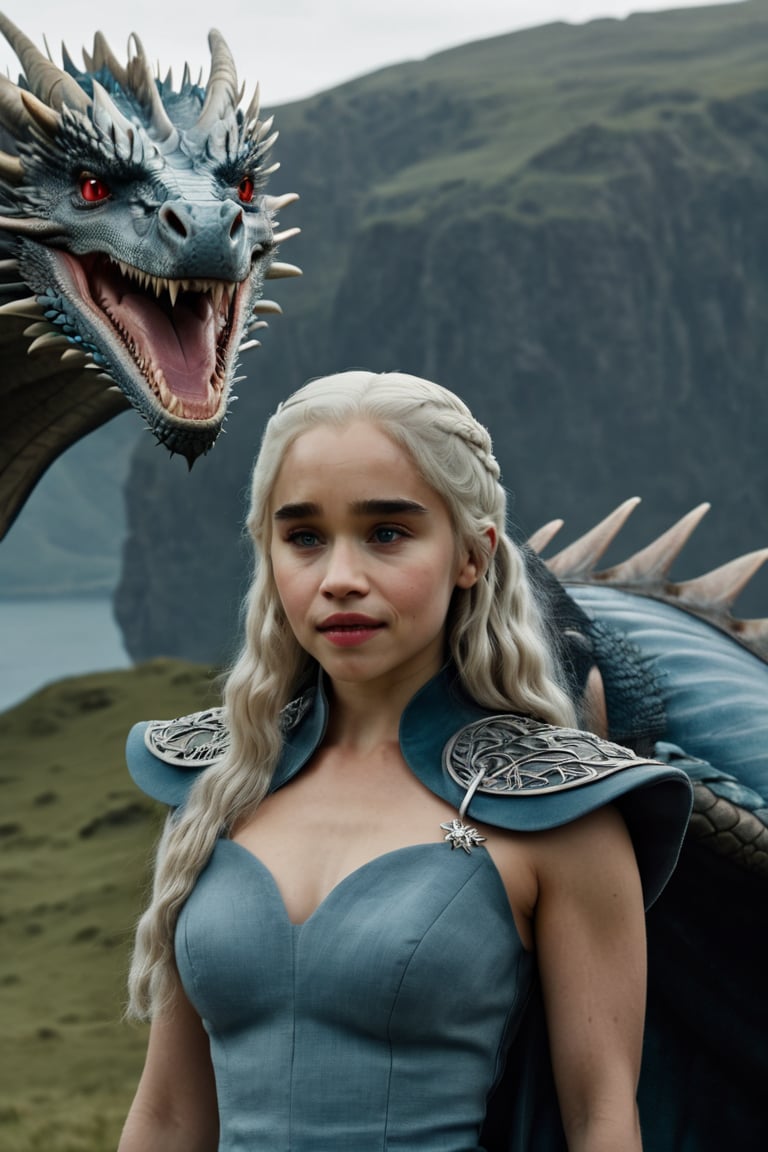 dragon, big wings, big head, big teeth, red eyes, a beautiful blond woman standing next to him, Emilia Clarke 25-year-old woman with long white hair, blue eyes,inst4 style