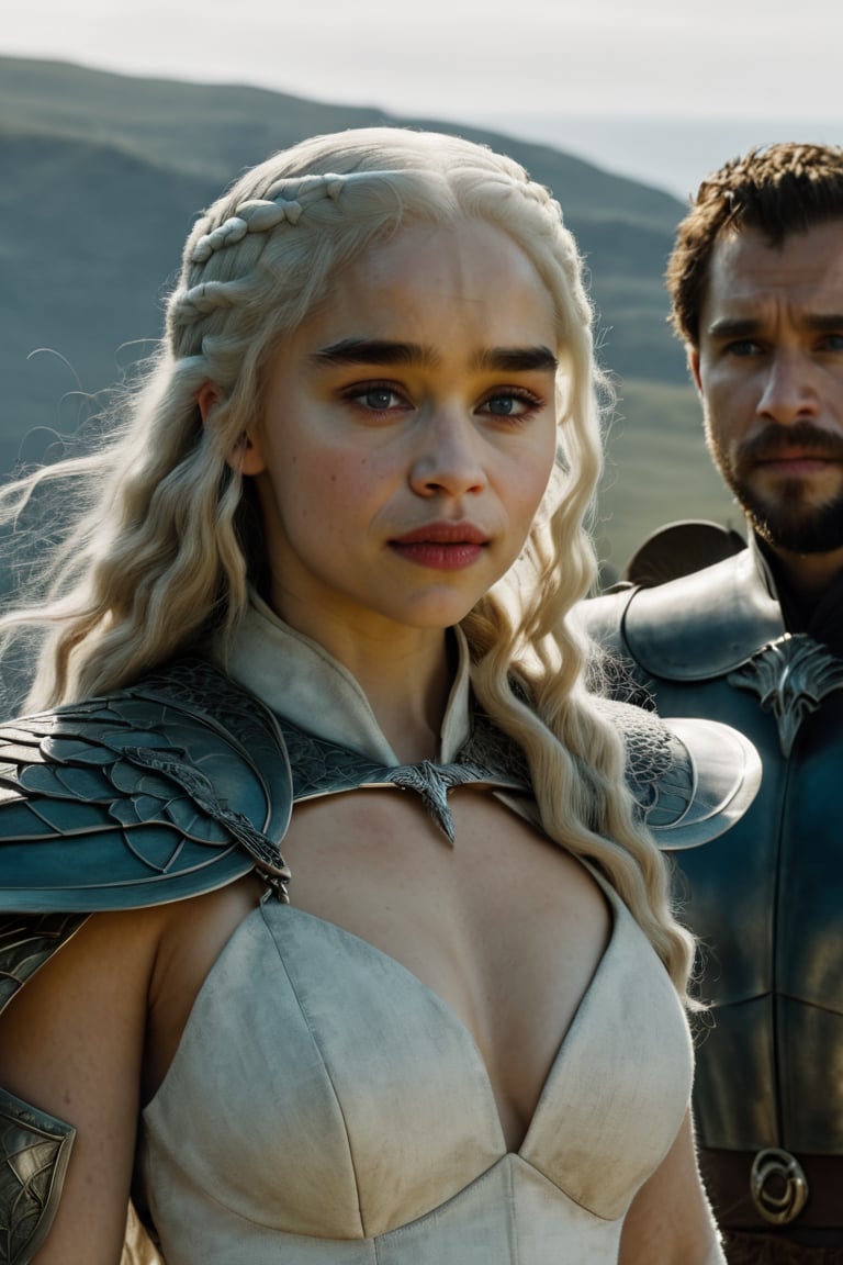 dragon, big wings, big head, big teeth, red eyes, a beautiful blond woman standing next to him, Emilia Clarke 25-year-old woman with long white hair, blue eyes,inst4 style