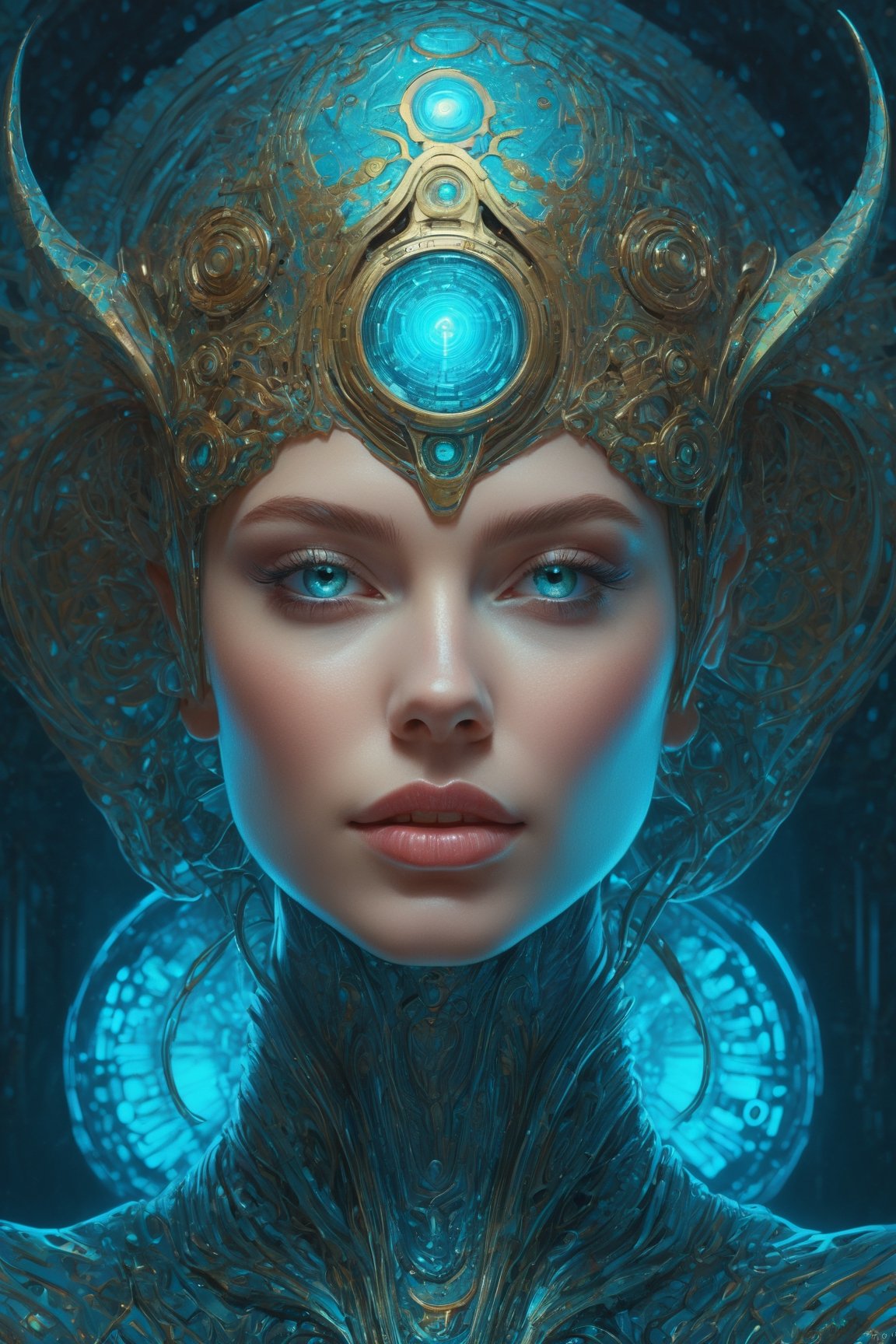 extremely psychedelic beautiful brutalist cyborg organism infected by night. blond hair,  light blue eyes,  intricate by h...