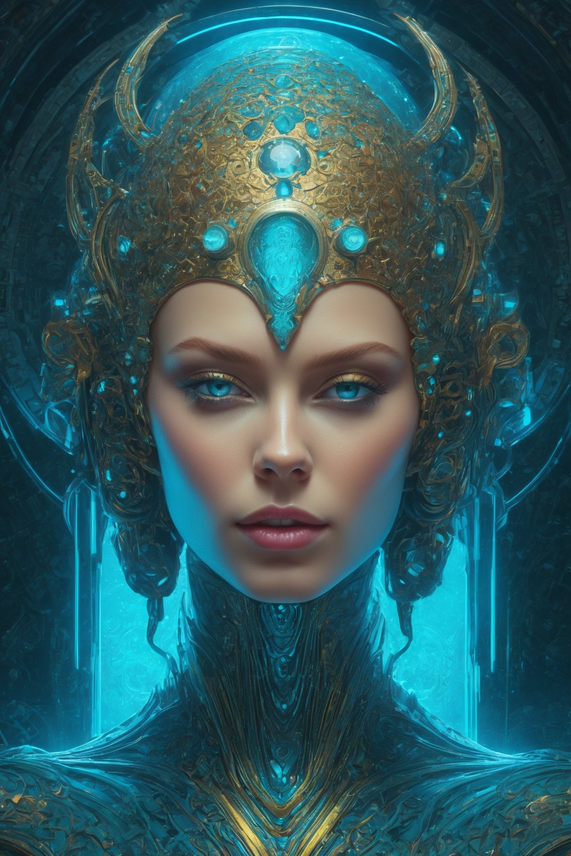 extremely psychedelic beautiful brutalist cyborg organism infected by night. blond hair,  light blue eyes,  intricate by h...