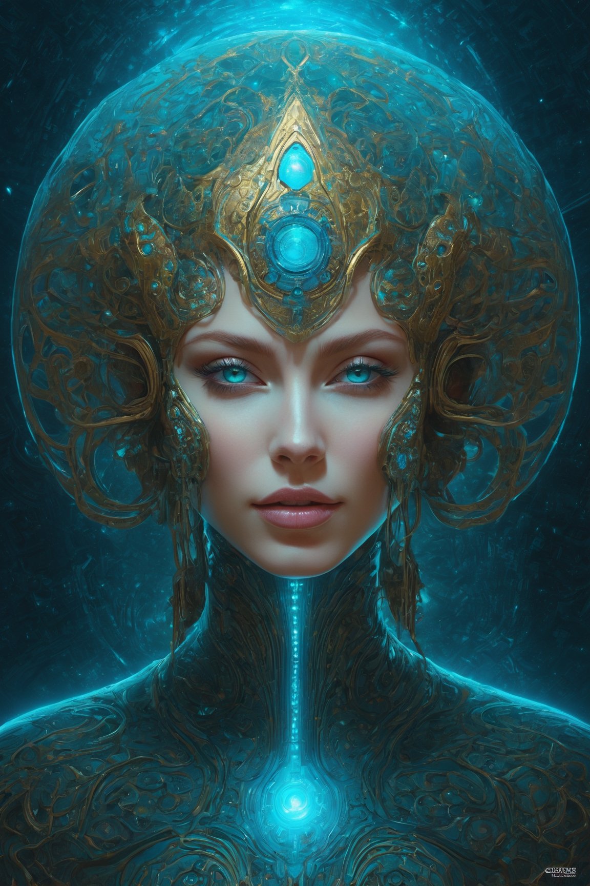 extremely psychedelic beautiful brutalist cyborg organism infected by night. blond hair,  light blue eyes,  intricate by h...