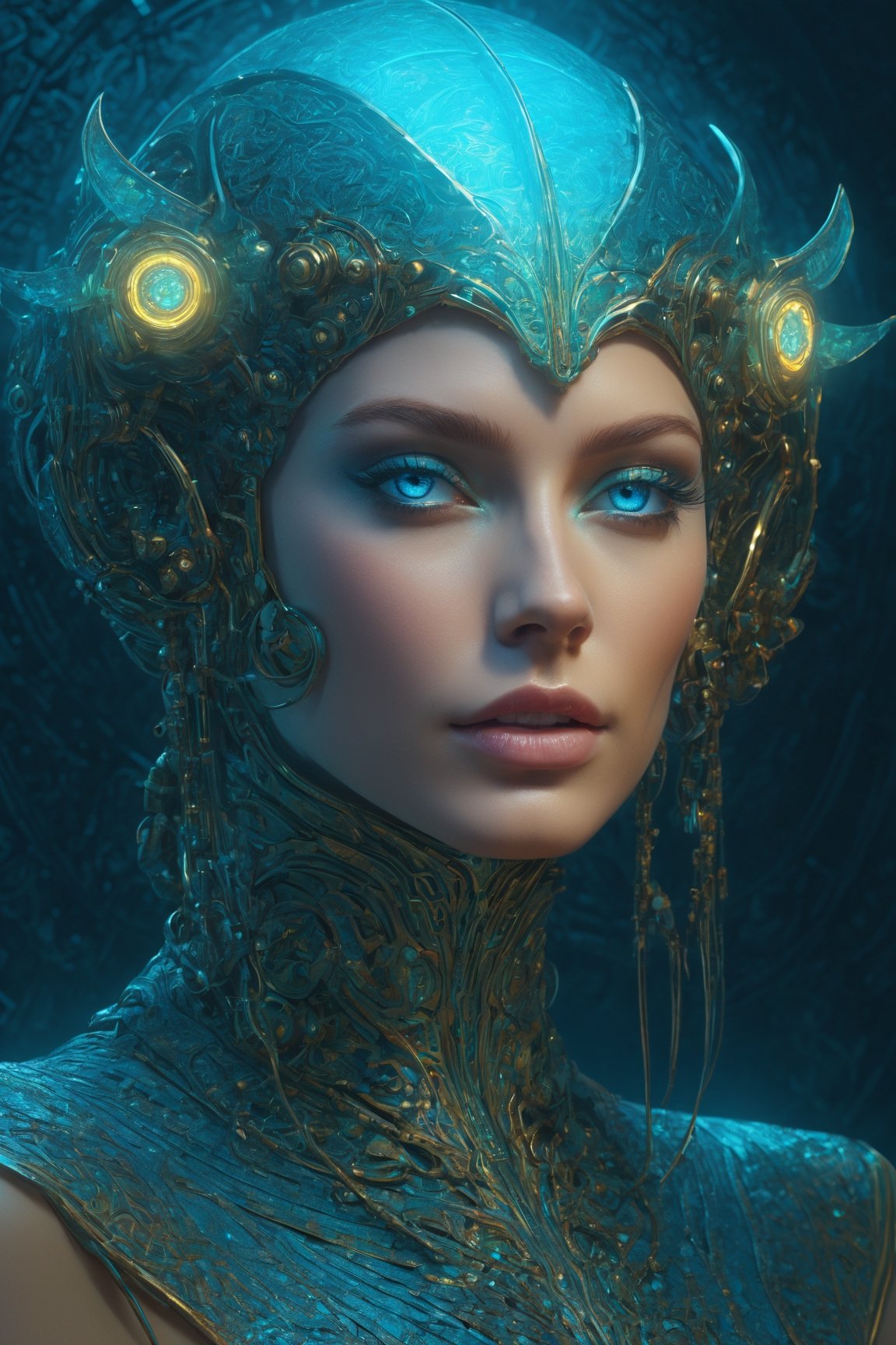 extremely psychedelic beautiful brutalist cyborg organism infected by night. blond hair,  light blue eyes,  intricate by h...
