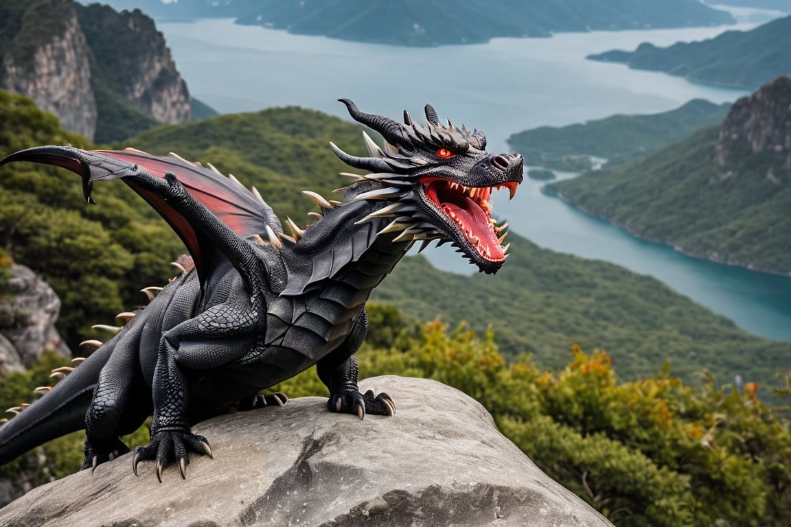 dragon,  1 waverin dragon, 1 oriental dragon, 2 dragons flying,big wings, big head, big teeth, very long k9 teeth, red fire in the nose, red eyes, 8k, photo quality, picture perfect, sitting on a rock, mountain background