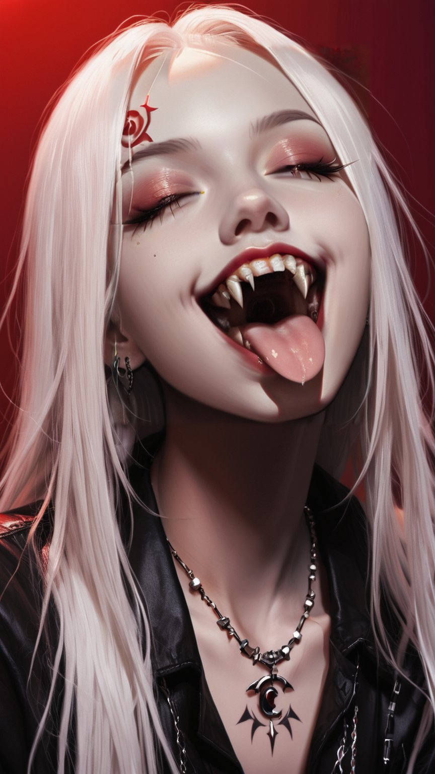 Prompt: 1girl, solo, long hair, white hair, half hair color, open mouth, jewelry, closed eyes, teeth, tongue, tongue out, necklace, fangs, piercing, chest tattoo, necklace, red background, dark theme
