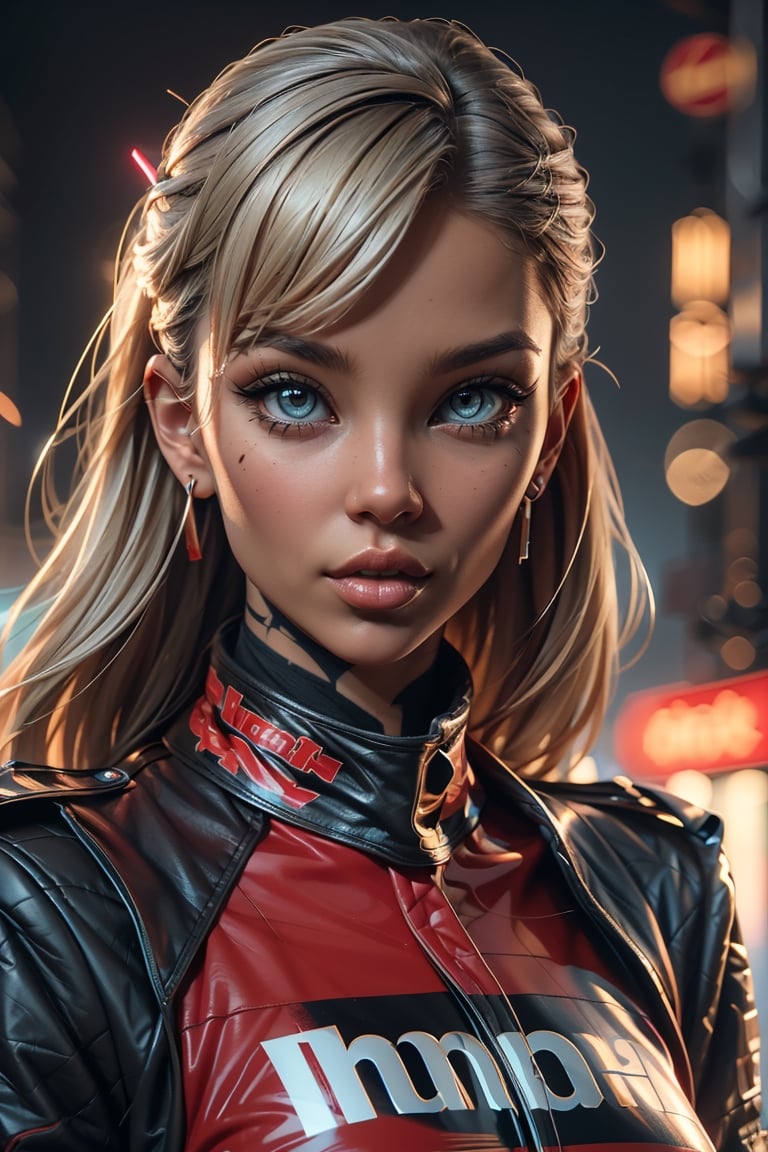 hard surface Sci Fi, female race car driver wearing art deco clothing, facial piercings, glowing eyes, neon makeup, stylize 777.