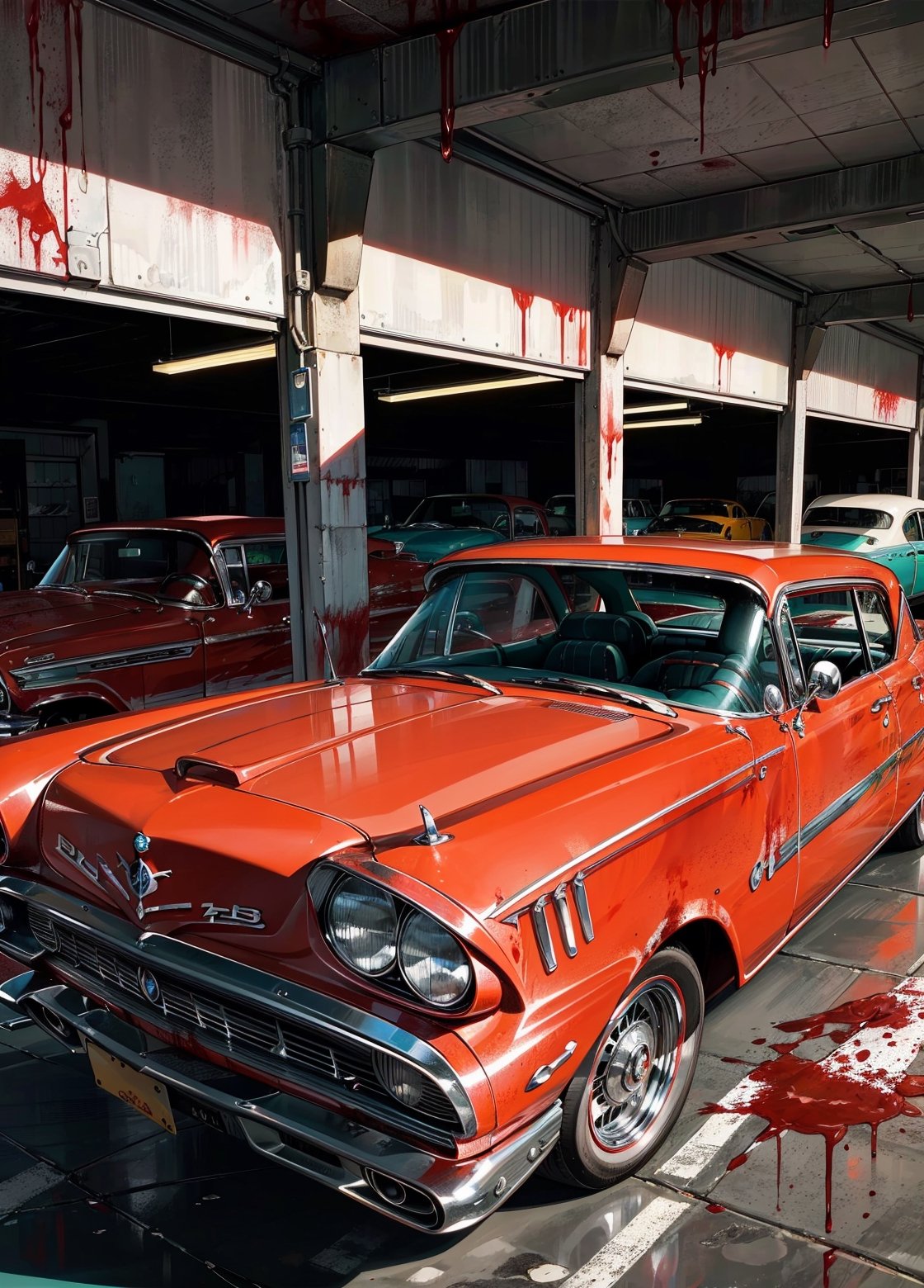 A photo realistic image of a complete rusted, four-door, (((blood red))), (((1958 Plymouth Fury))) in an old garage full of tools, night, focus on the intricate details of its faded paint job, the wear and tear on the tires, and the aged textures of the metal body. Use the multi-prompt "car::photorealistic::rust" with a prompt weighting of "rust" to emphasize the aged textures and worn out look of the car, car,photo r3al