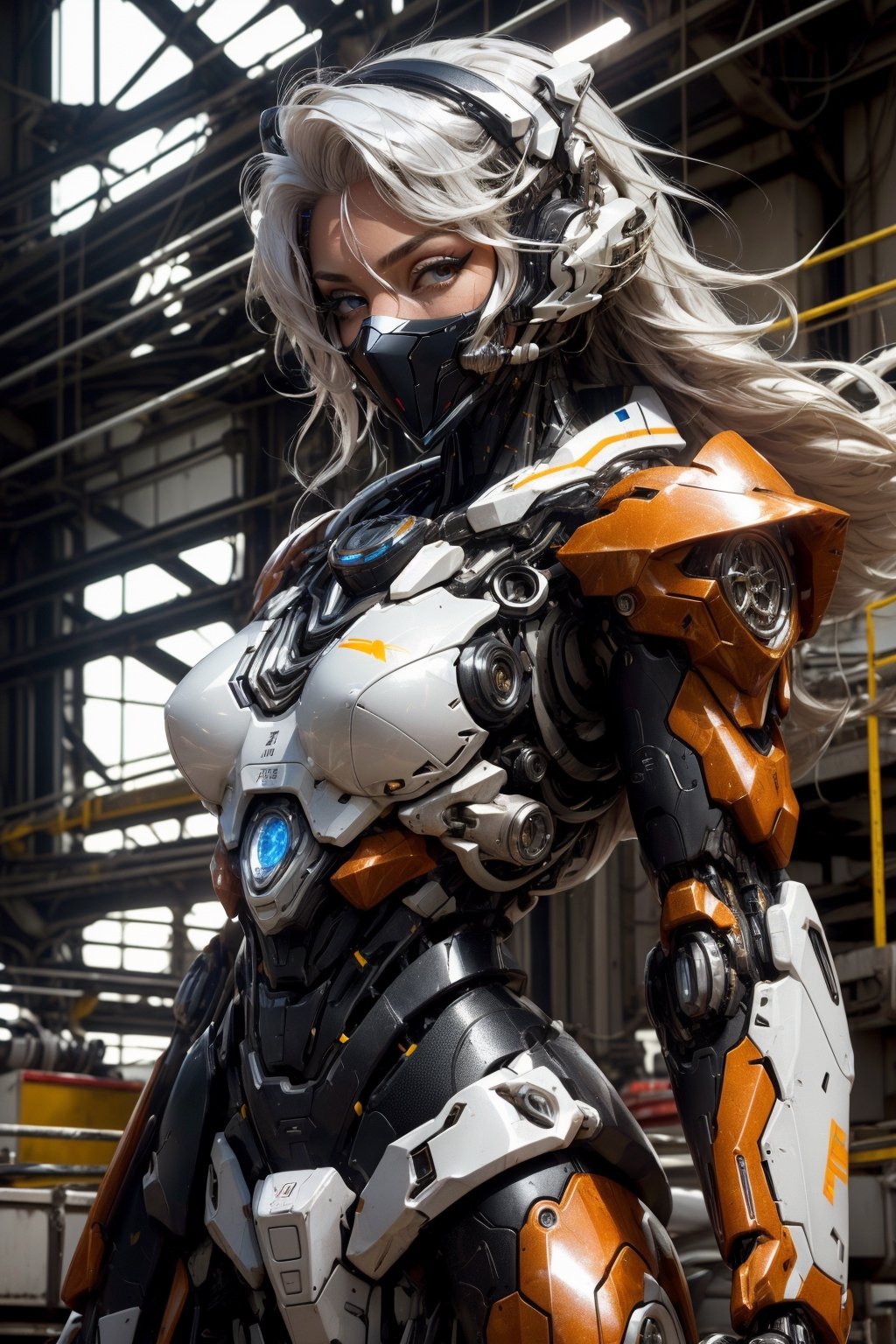 mecha musume, face mask, upper body, underboob, portrait, robot,white orange armor, white shimmering hair, neon light, 8K, RAW, best quality, masterpiece, ultra high res, colorful, (medium wide shot), (dynamic perspective), sharp focus ,depth of field, extremely detailed eyes and face, beautiful detailed eyes,large breasts,(black gold, trimmed gear:1.2),(In a futuristic weapons factory:1.2), ((masterpiece, best quality)), Detailed background, spaceship interior