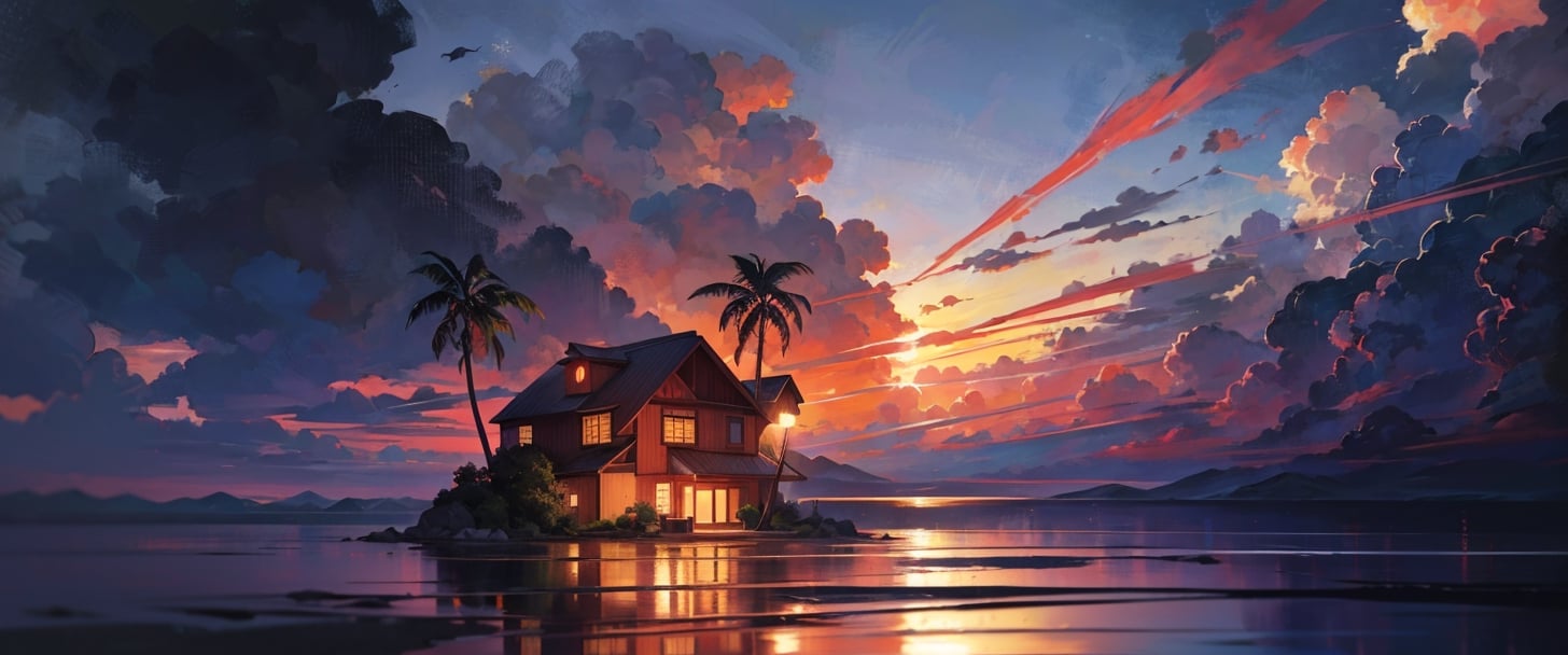 realistic dragon ball kami house in distance,a small island with a small house in the middle of sea,red house,sea iwth mountains on side,clouds makes a dragon,daytime,dragon ball anime,red roof,with palm trees around the house,shenron,green dragon in sky with wiskers,green hige dragon 